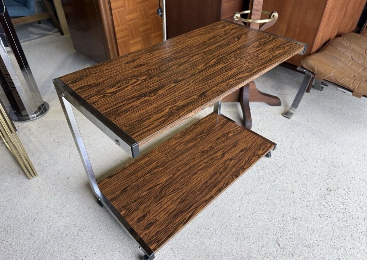 Mid Century Danish Style Chrome And Wooden Drink Trolley photo furniture