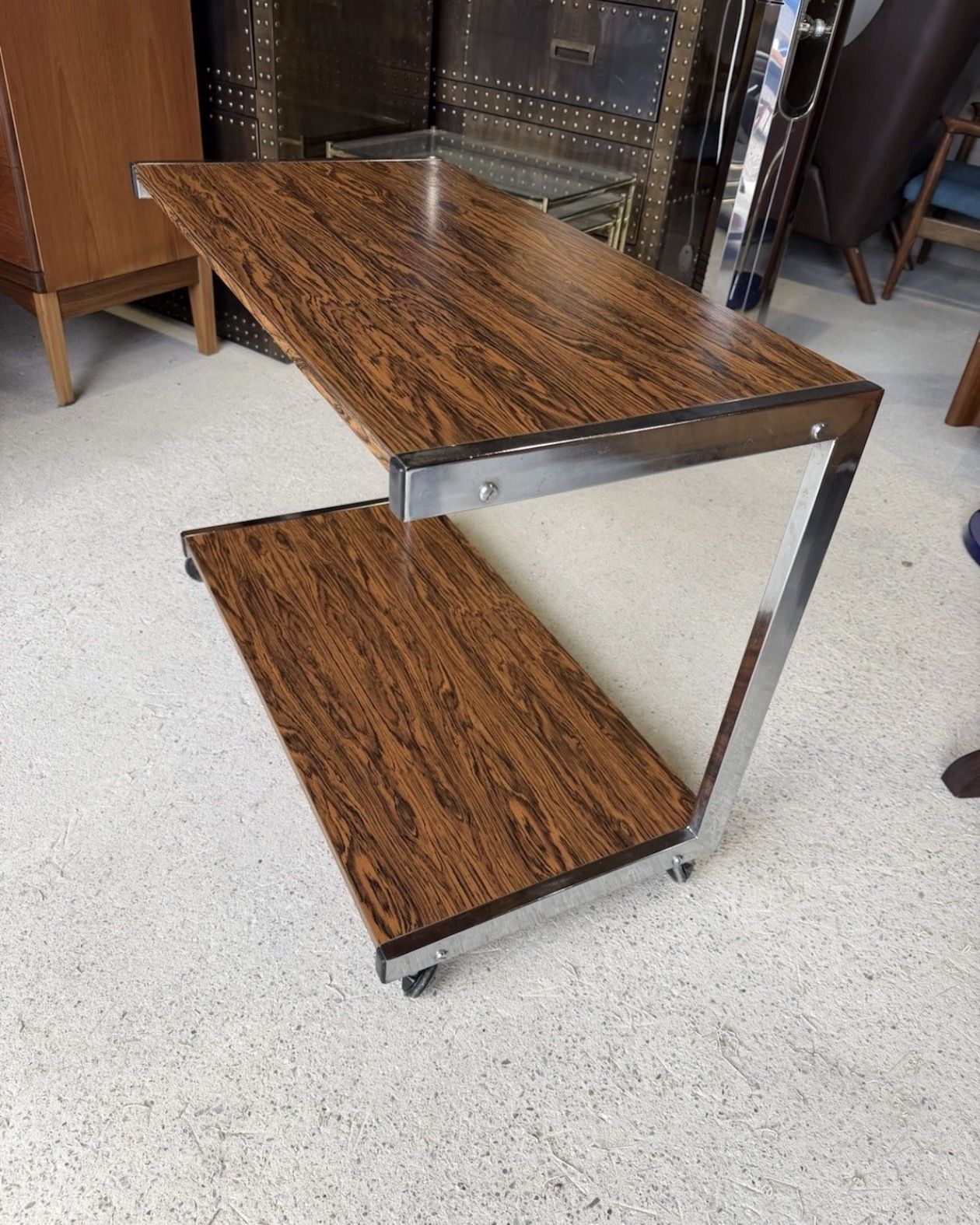 Mid Century Danish Style Chrome And Wooden Drink Trolley photo vinterior