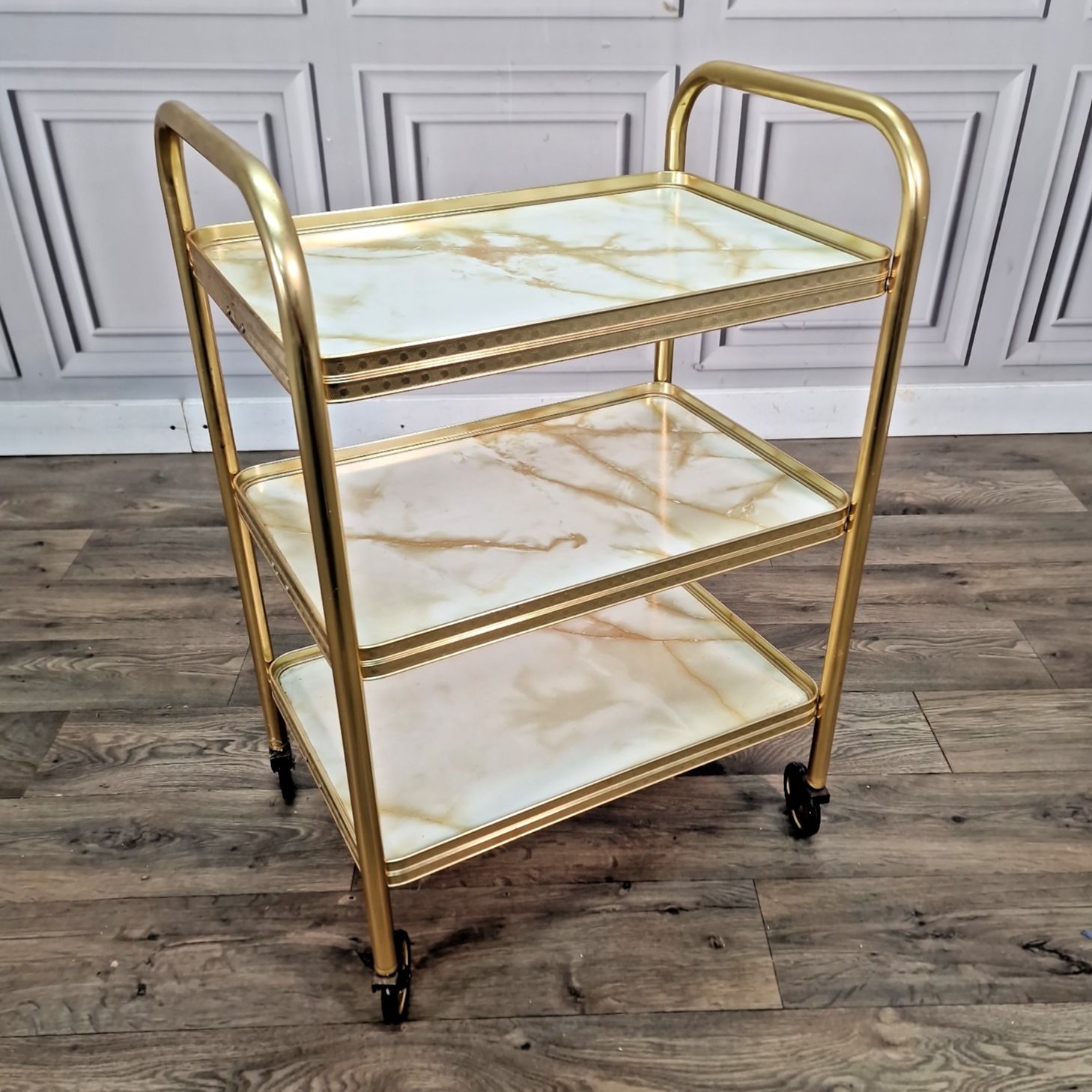 Vintage Drinks Tea Trolley Gold Metal Marble Effect Retro 3 Tier Serving Cart