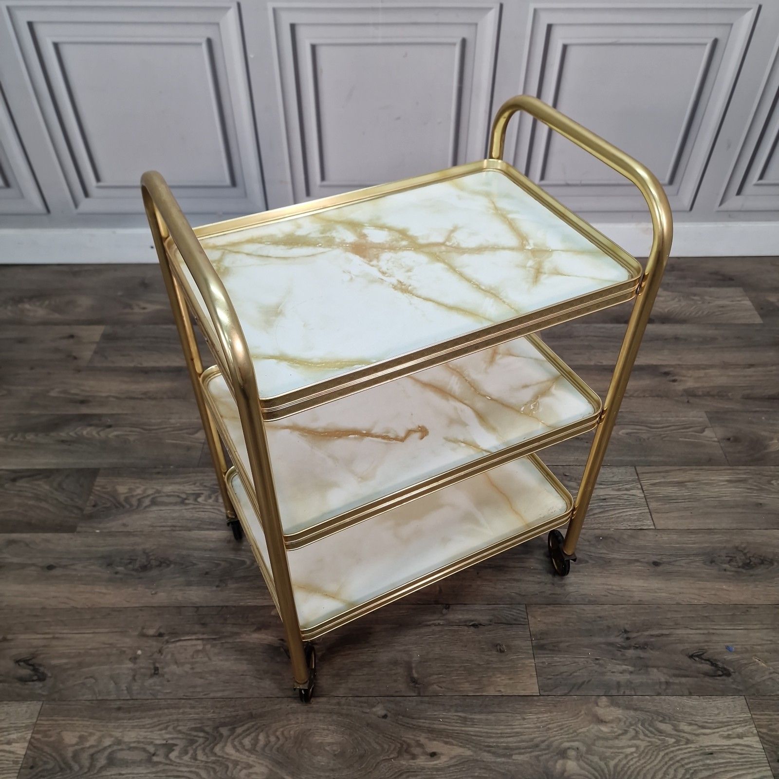 Vintage Drinks Tea Trolley Gold Metal Marble Effect Retro 3 Tier Serving Cart photo furniture