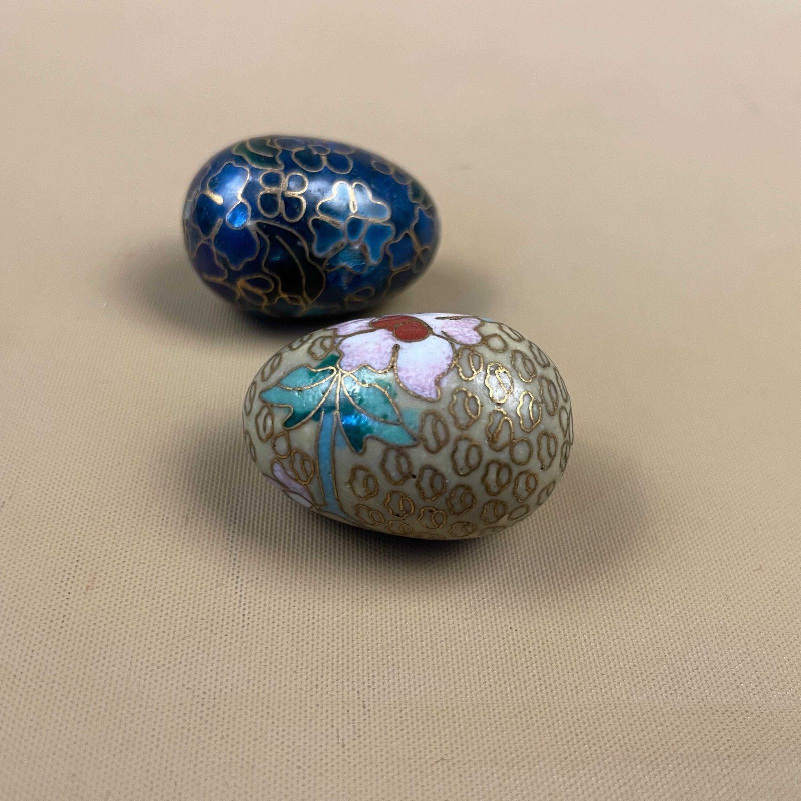Cloisonne Decorative Eggs Pair Mini Hand Painted Floral Blue Gold Ornaments For Shelf Bowl Display photo buy