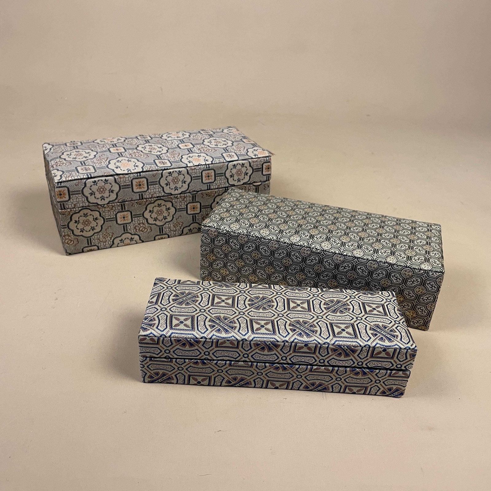Oriental Fabric Storage Boxes Set Of 3 Rectangular Keepsake Boxes Blue Lined Asian Geometric Patterned Print Dressing Table Accent photo for sale