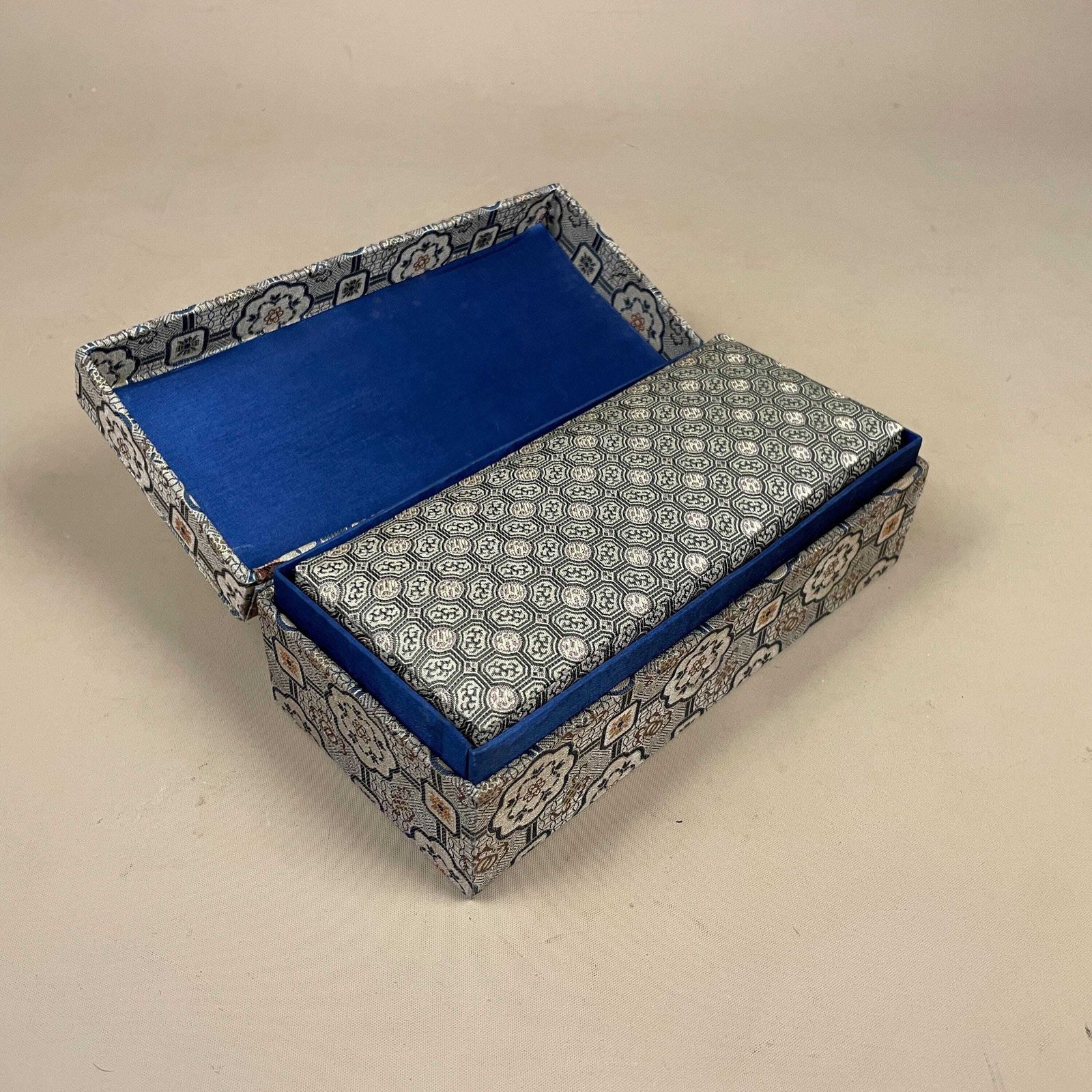 59.0 Oriental Fabric Storage Boxes Set Of 3 Rectangular Keepsake Boxes Blue Lined Asian Geometric Patterned Print Dressing Table Accent photo