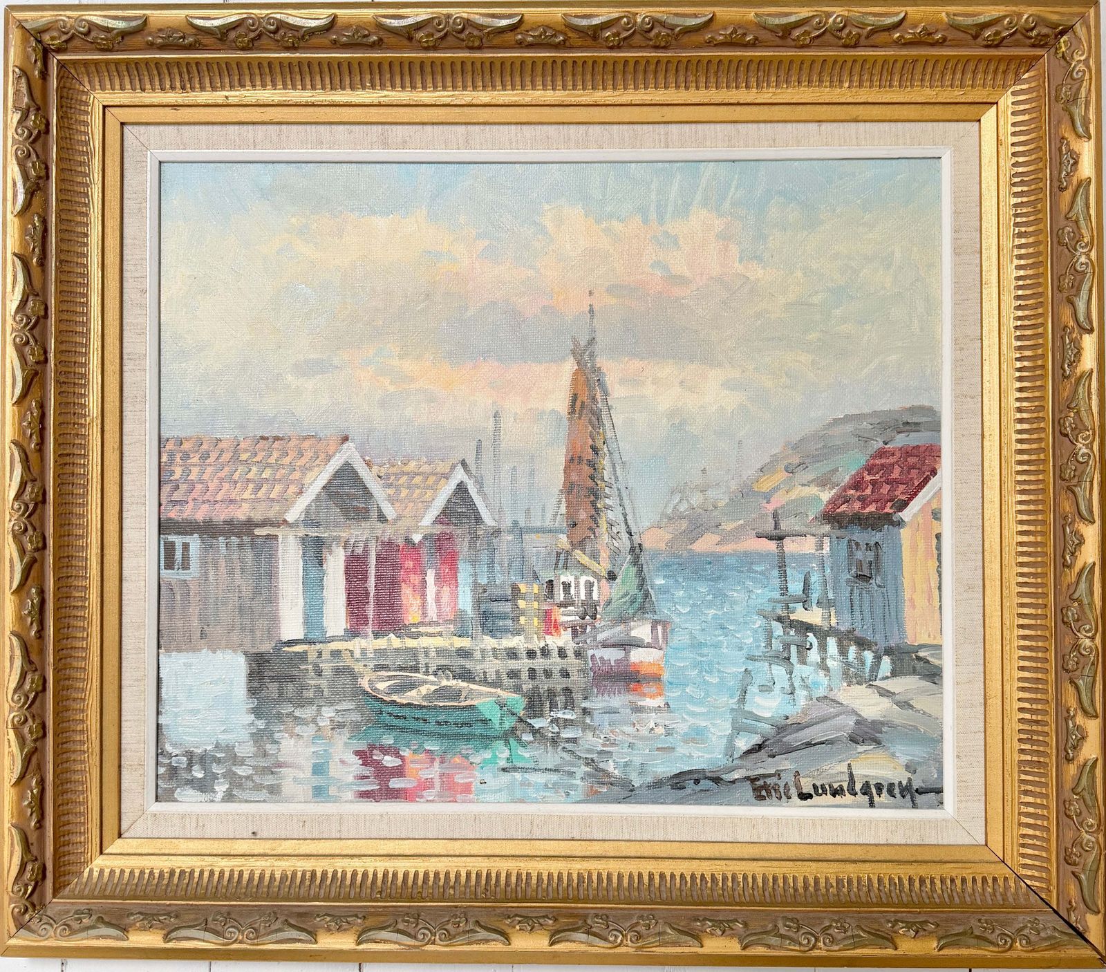 Rustige Haven. Vintage Zweeds olieverfschilderij van Eric Lundgren.