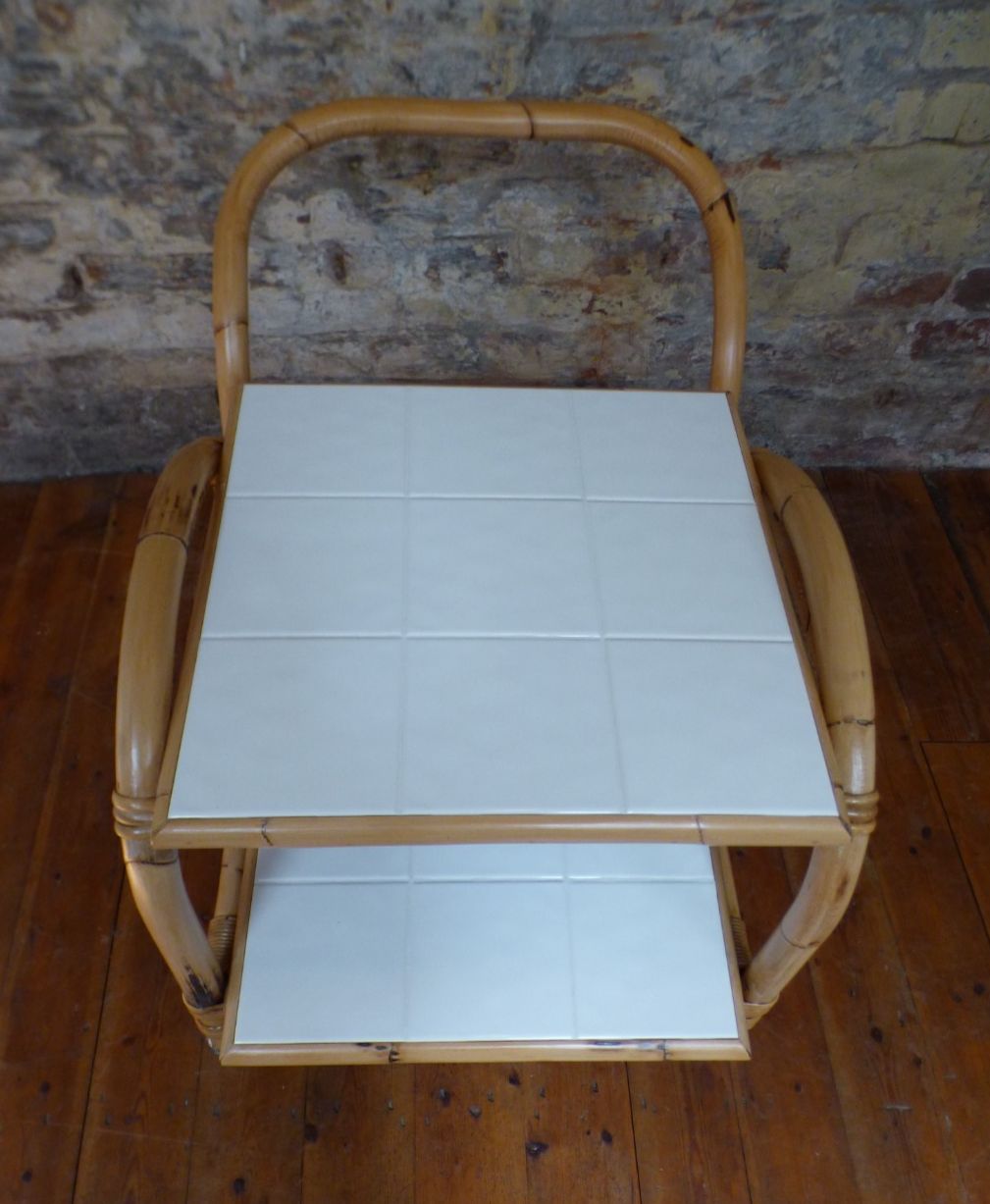 photo buy Mid Century Retro Boho Bamboo Tea / Cocktail / Side Table Trolley Uk  Delivery