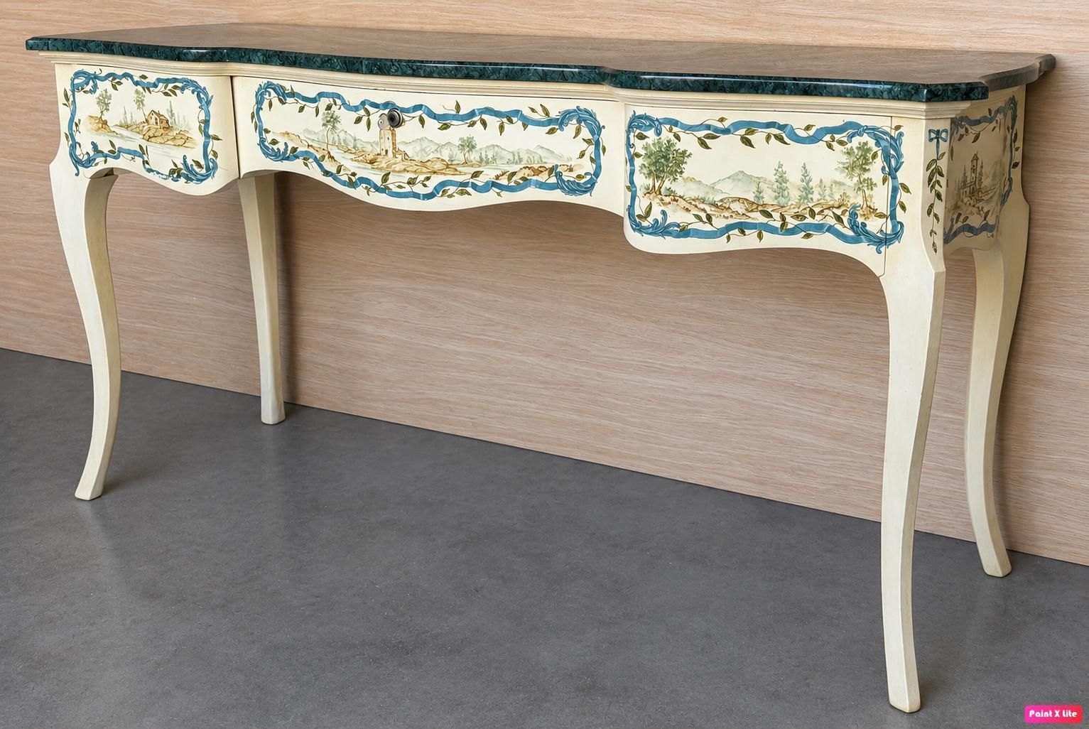 Console de style provincial français peinte à la main, plateau en marbre vert et tiroirs photo for sale
