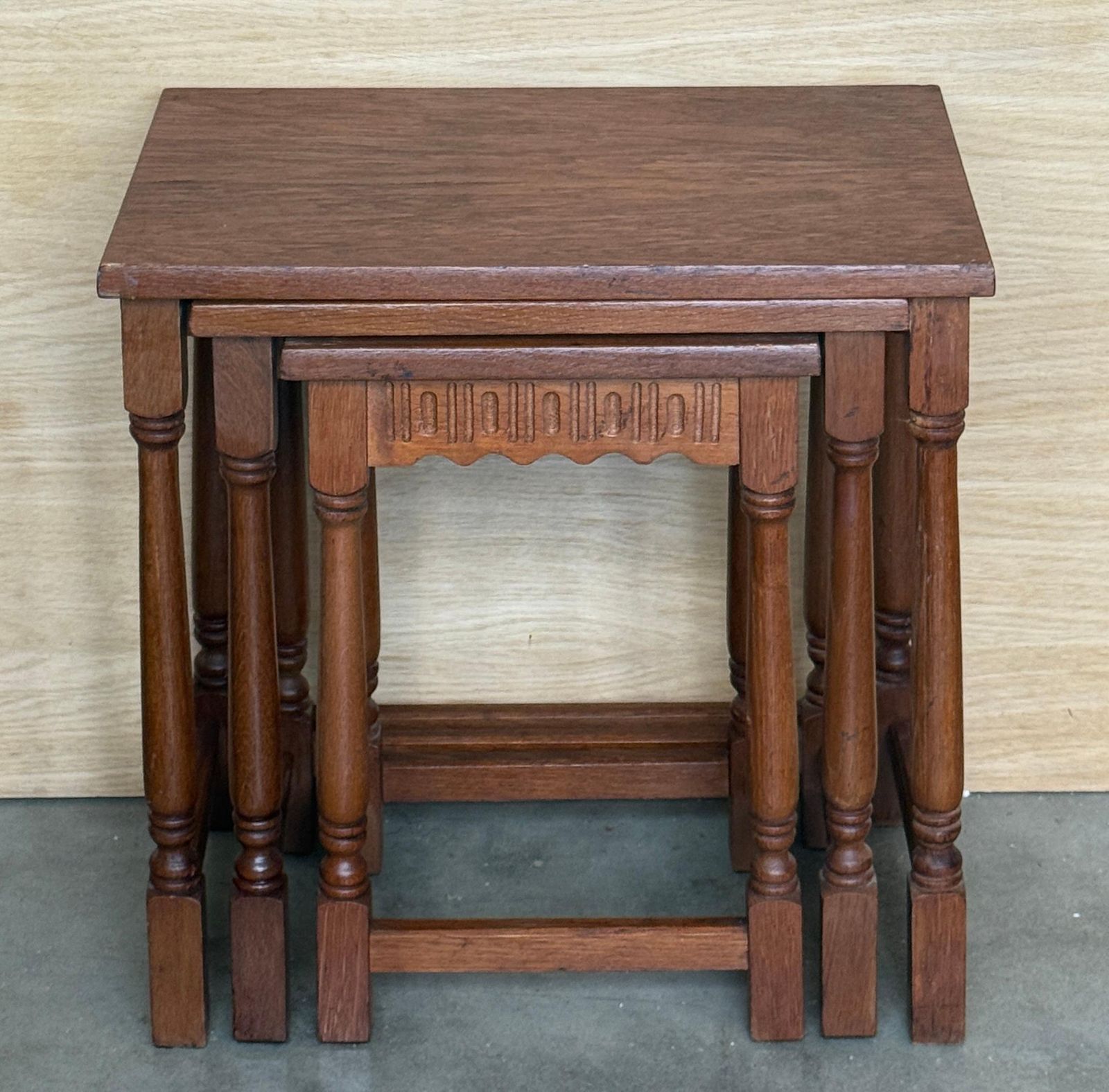 Antique Nesting Tables Made Of Solid Wood With Turned Legs And Handcrafted Details photo for sale