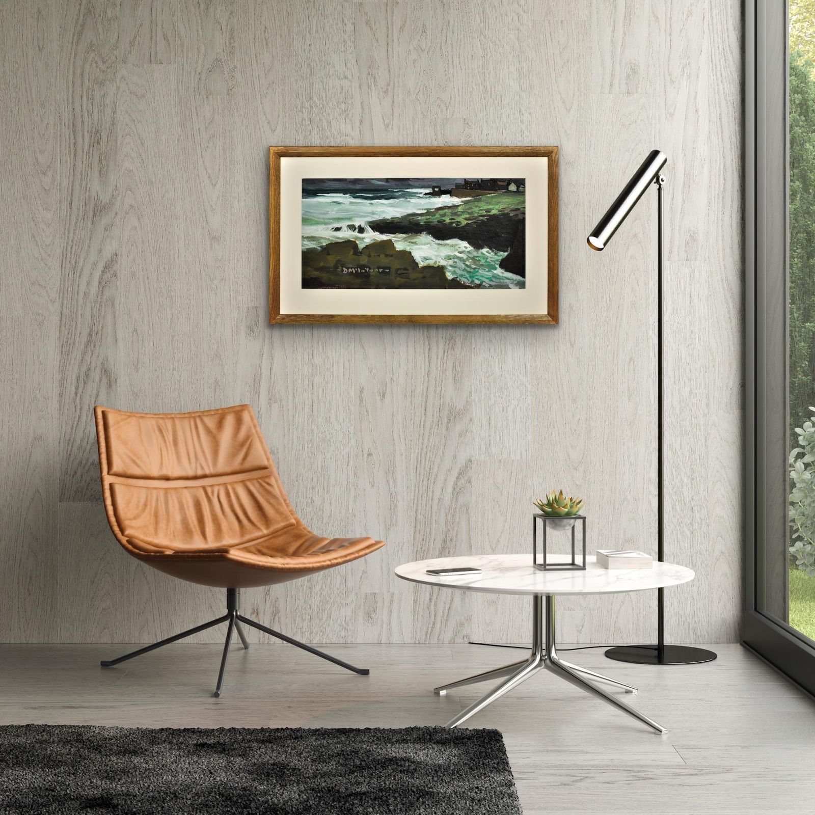 photo furniture Donald McIntyre 1923 tot 2009. Engels. Craster From North. Northumberland. Olieverf op paneel. Ingelijst.