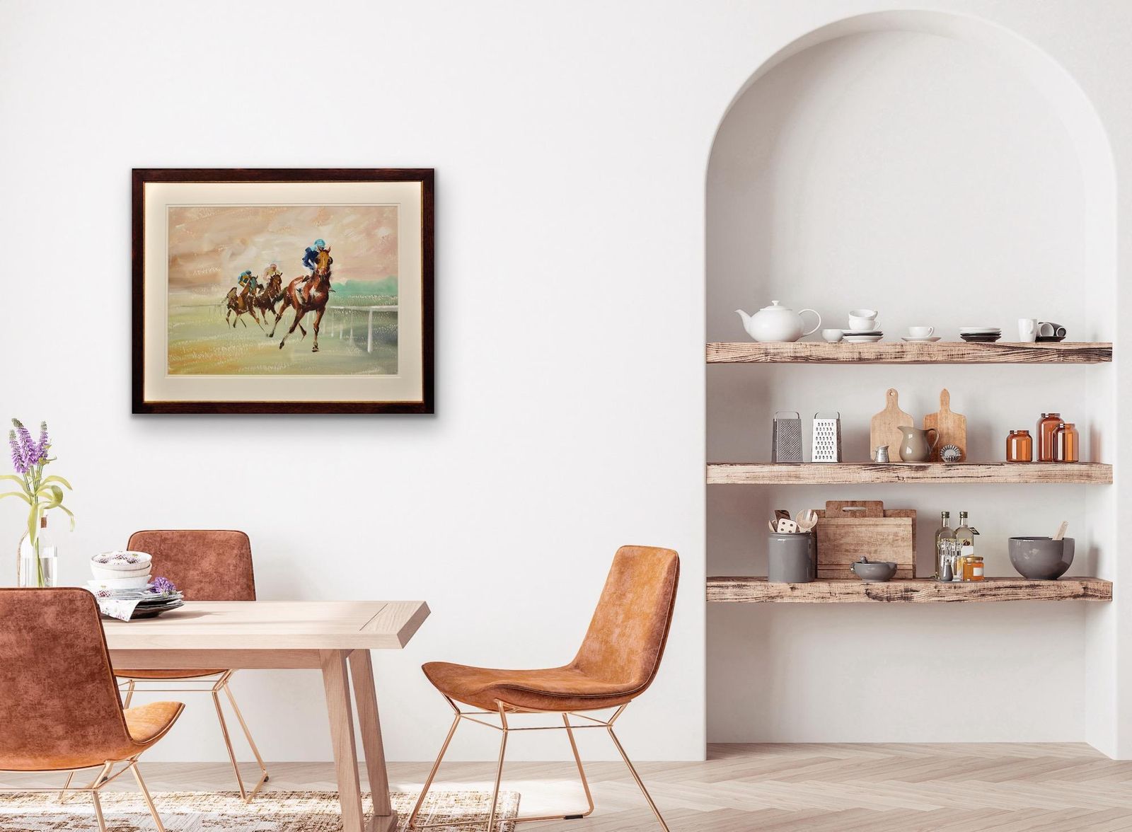 photo vintage John Rattenbury Skeaping 1901 To 1980. English. A Three Horse Race, 1963. Mid 20th Century Gouache & Watercolour Horse Racing Painting.