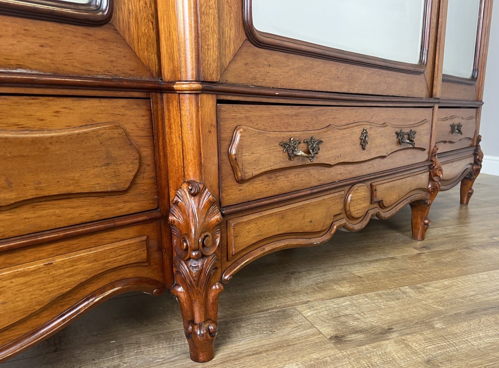 Furniture Wardrobe Antique French Mahogany Three Door Mirrored Carved Armoire Lot 6127 photo