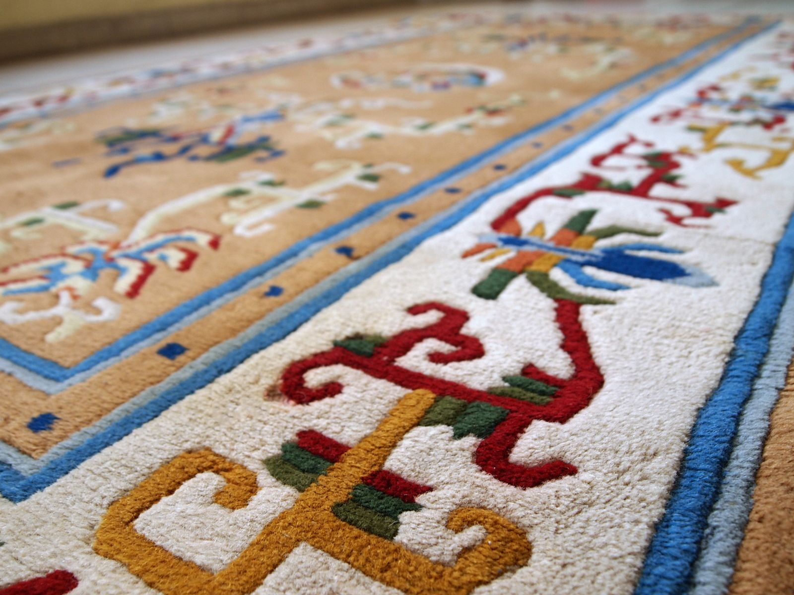 Handgemaakt art deco Chinees tapijt 3,9' x 6,9' | Wol | Jaren 1960 photo Textiel