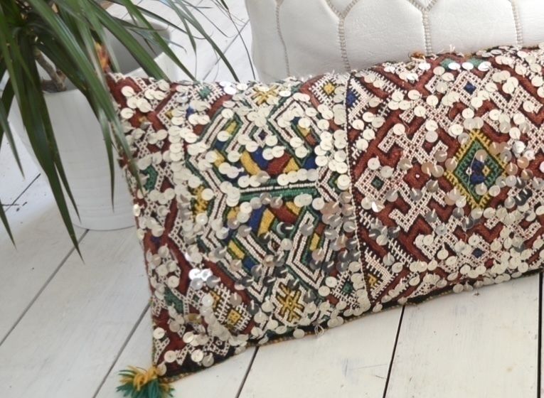 Vintage Moroccan Berber Xl Amazigh Tribal Motifs, Wool & Silk Rich Multicolour Tones Hand Sewn Sequins Stuffed Cushion photo furniture