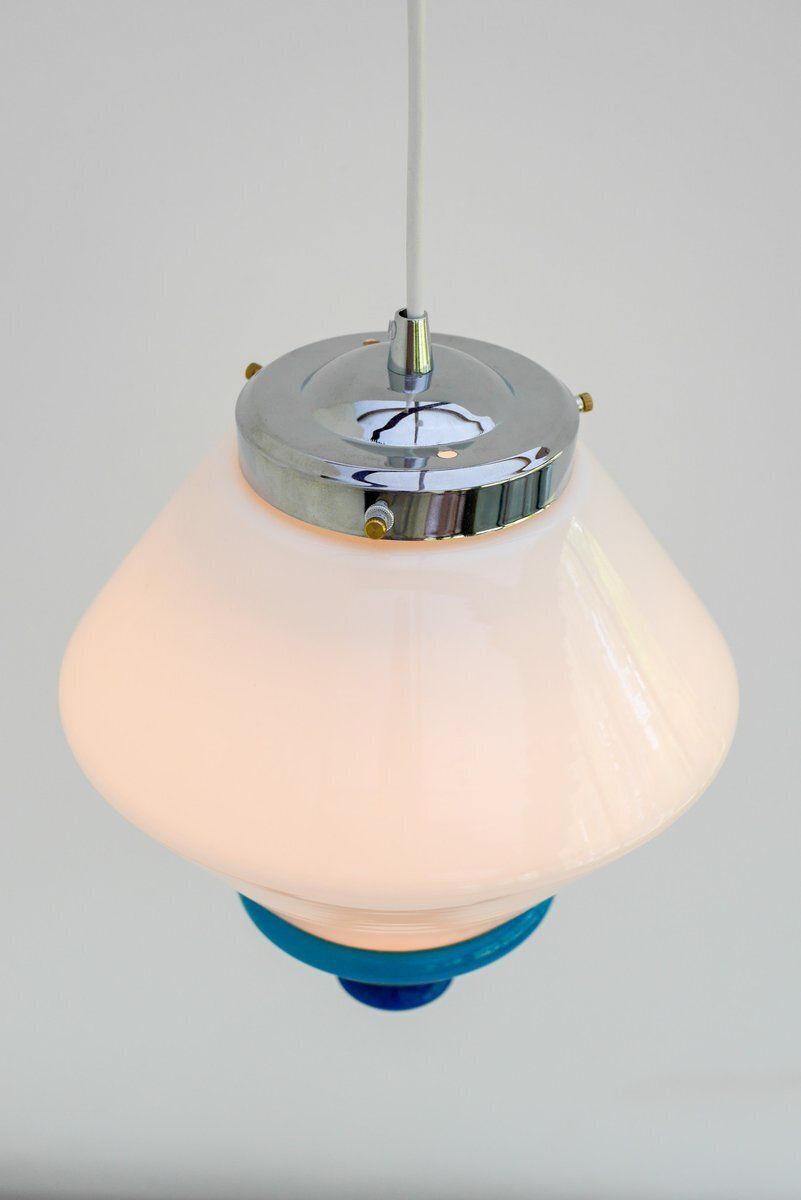 Lighting Scandinavian Art Deco Milk Glass Pendant Light With Azure Blue Details, 1930s photo