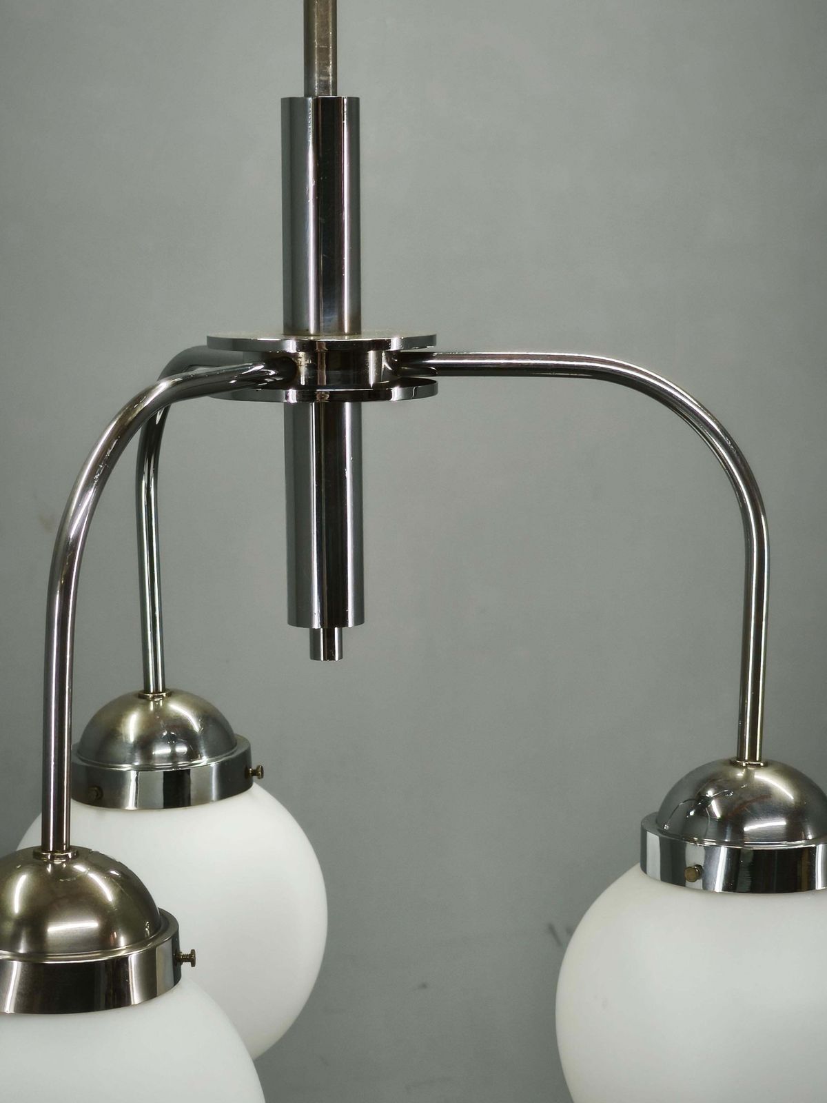 photo for sale 1940s Czech Bauhaus Chandelier With Opaline Glass Globes
