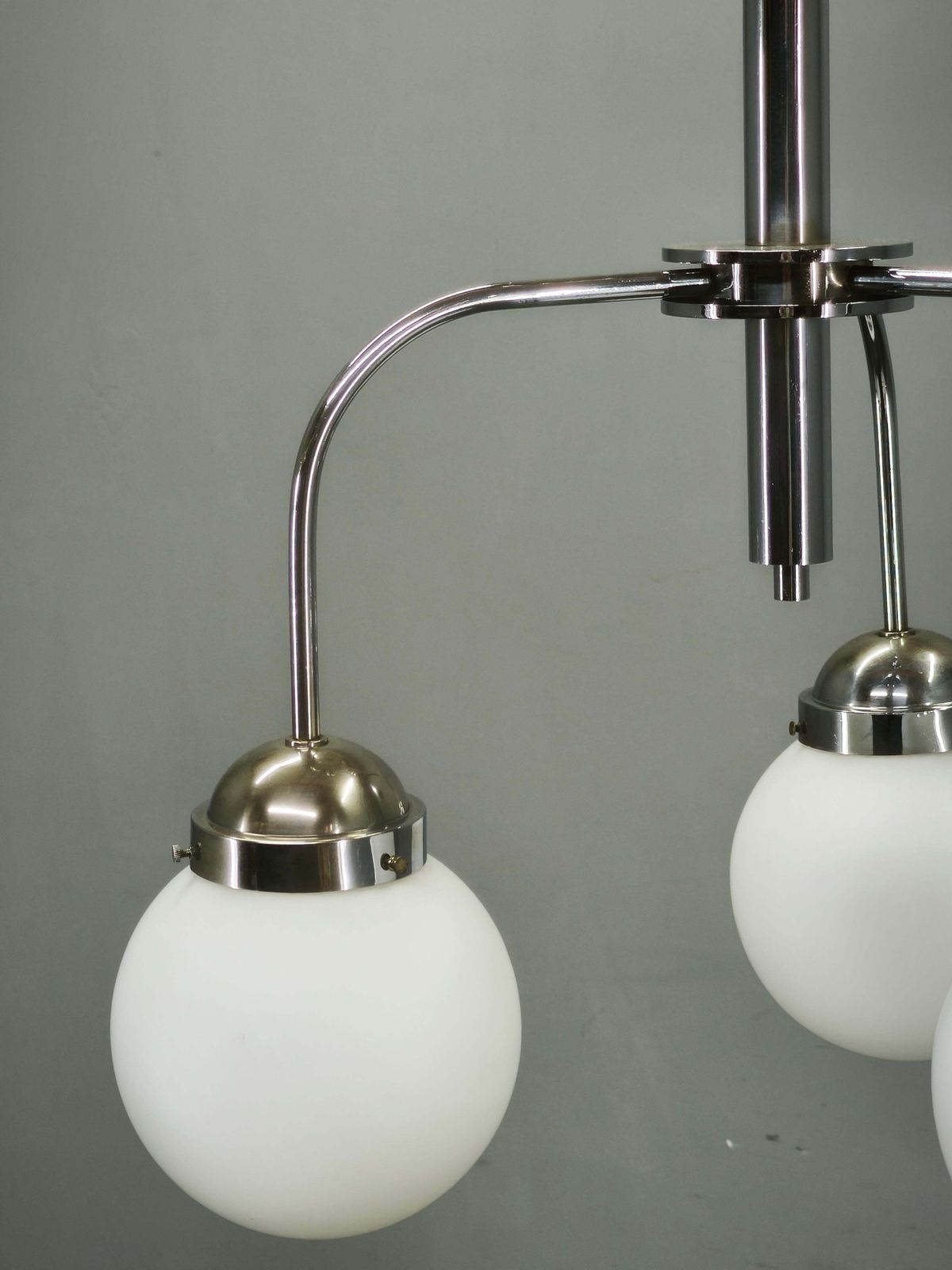 693.0 1940s Czech Bauhaus Chandelier With Opaline Glass Globes photo