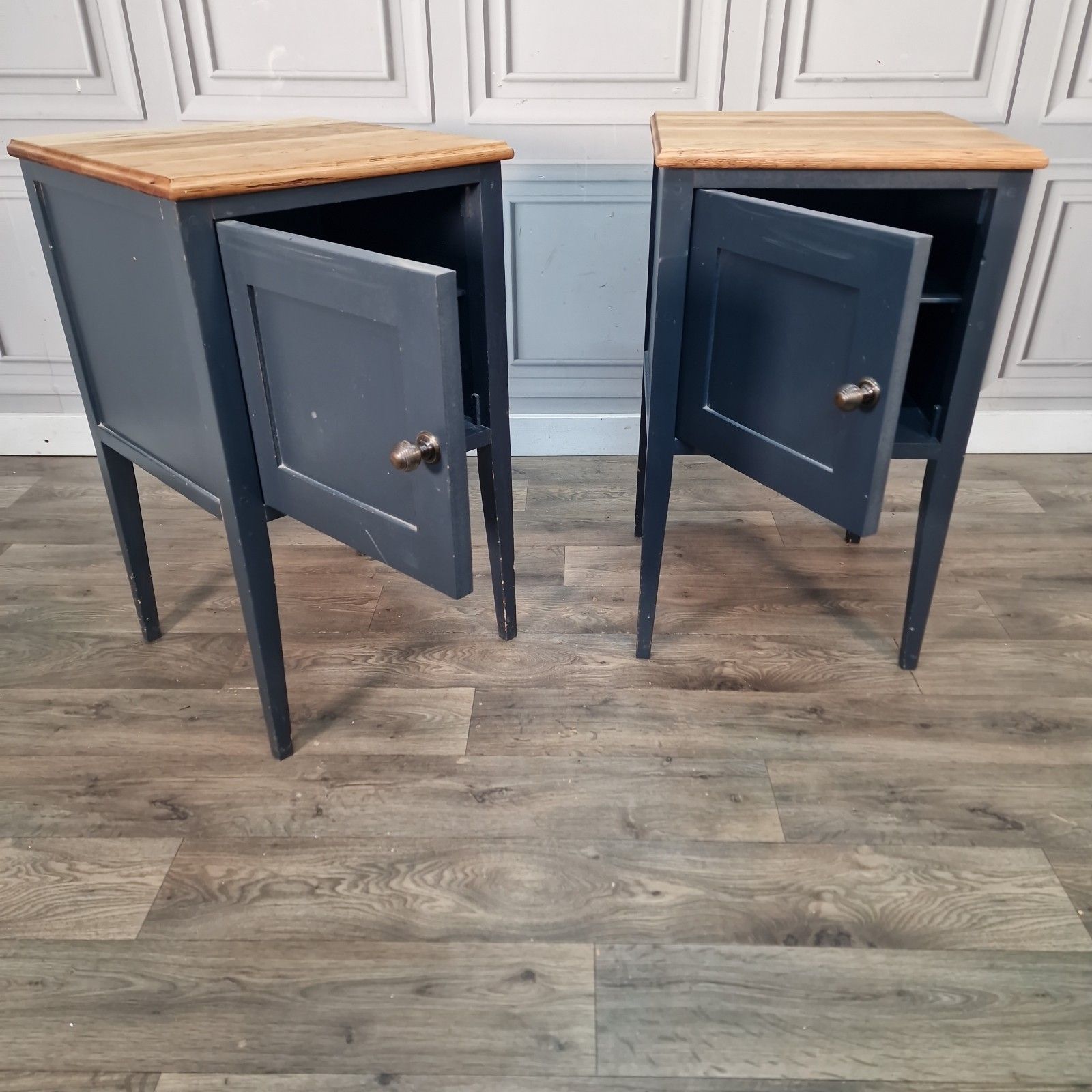 Vintage Pair Bedside Cabinets Painted Oak Top Wooden Nightstands Pot Cupboards photo Furniture