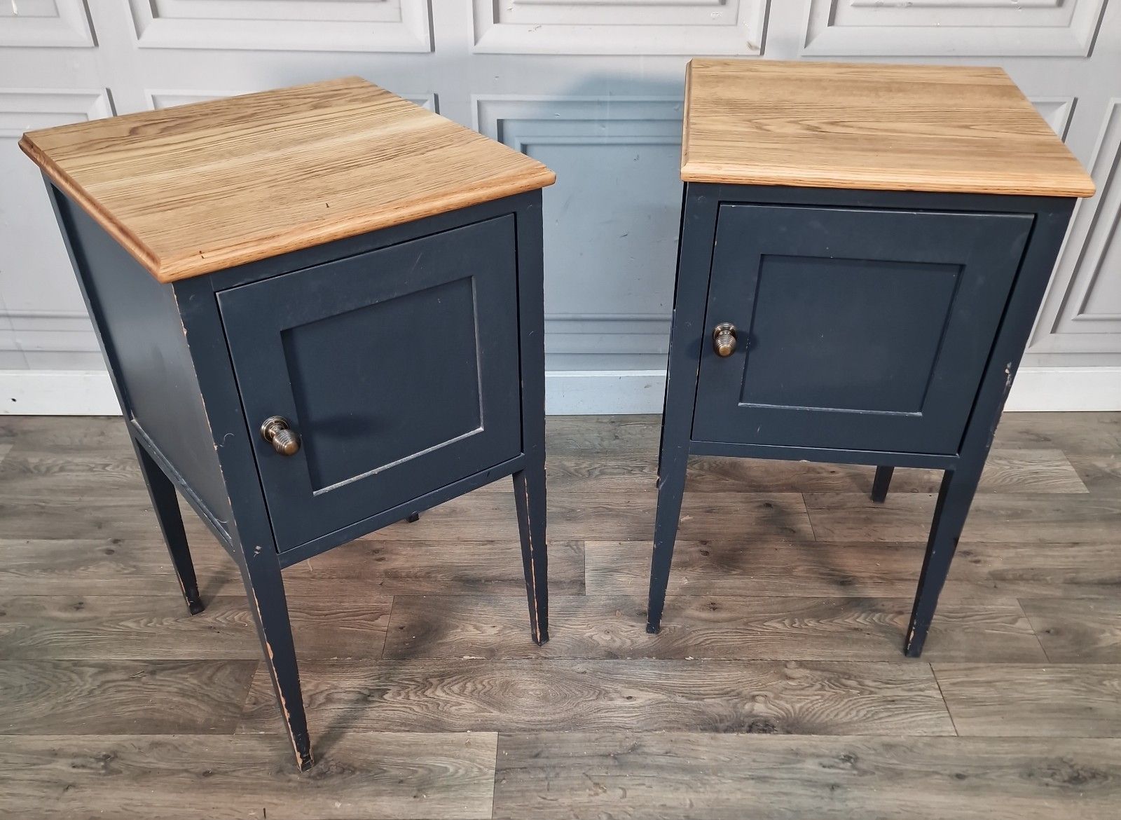 Vintage Pair Bedside Cabinets Painted Oak Top Wooden Nightstands Pot Cupboards photo furniture