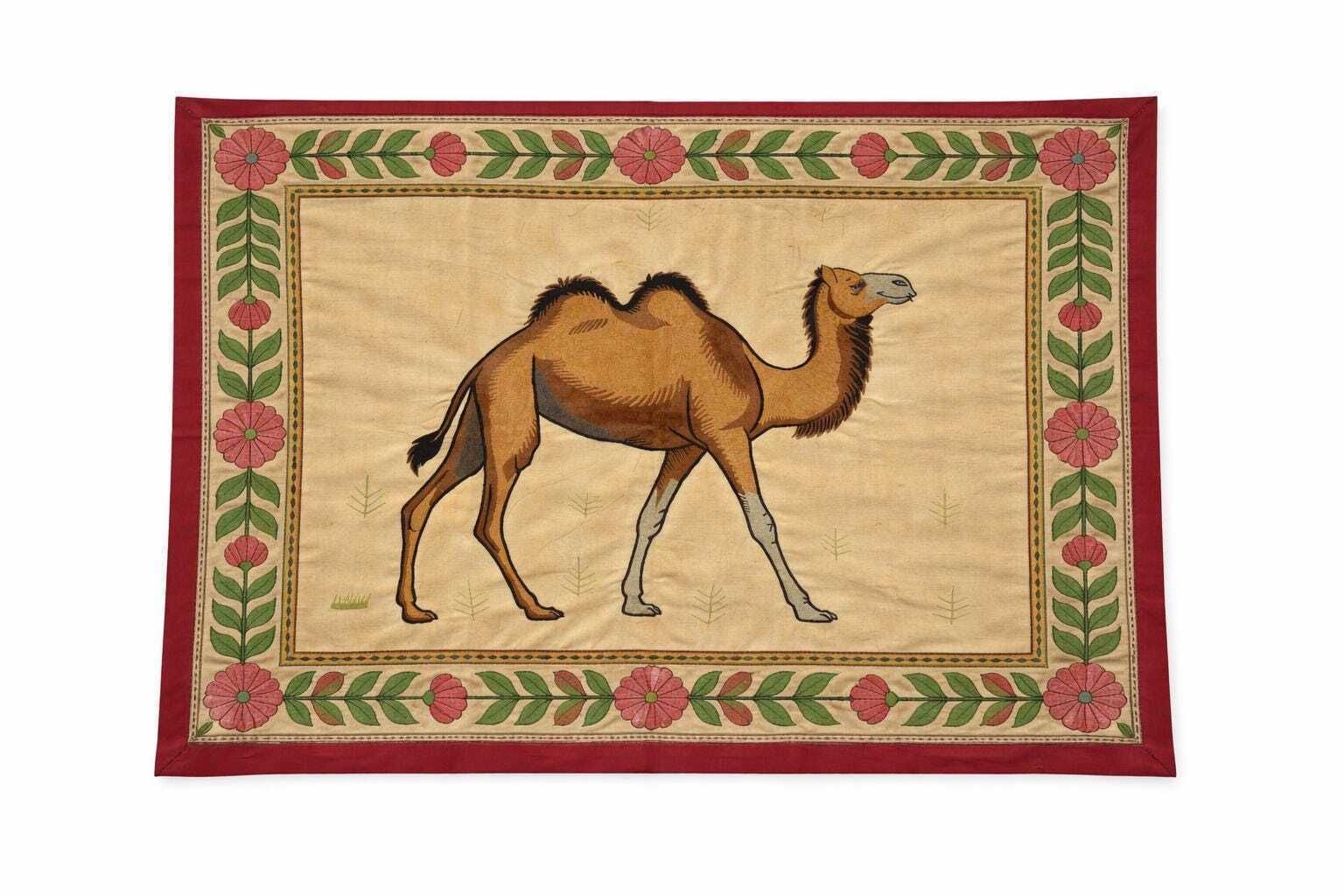 Mughal Kashmiri Embroidery Camel Rustic Desert Tapestry: Vintage Boho Silk Wall Hanging (36x48 Inches.)