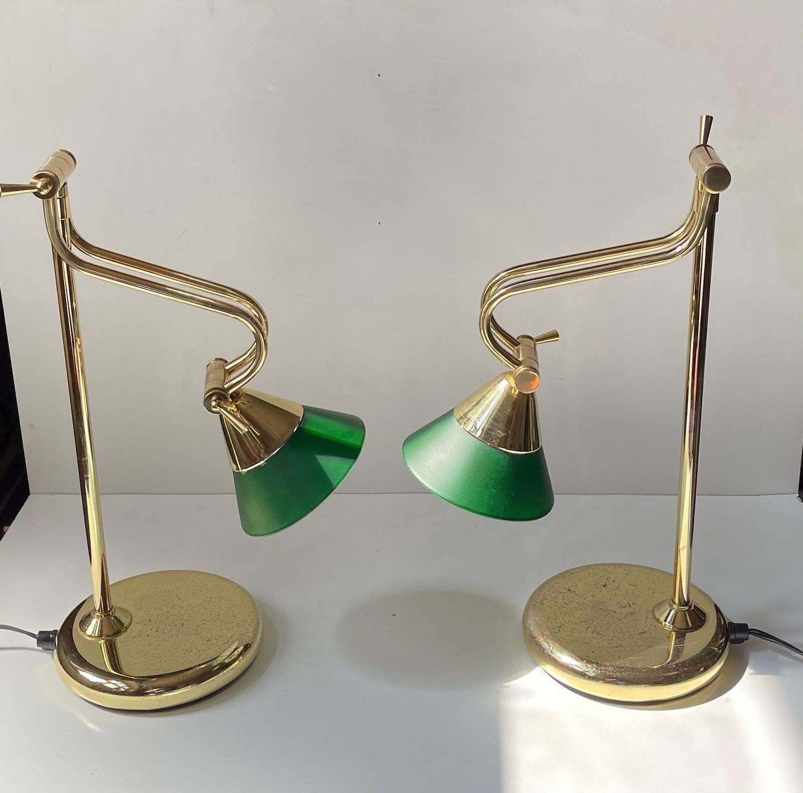 Lighting Vintage Scandinavian Bankers Desk Or Table Lamps In Brass & Green Glass photo