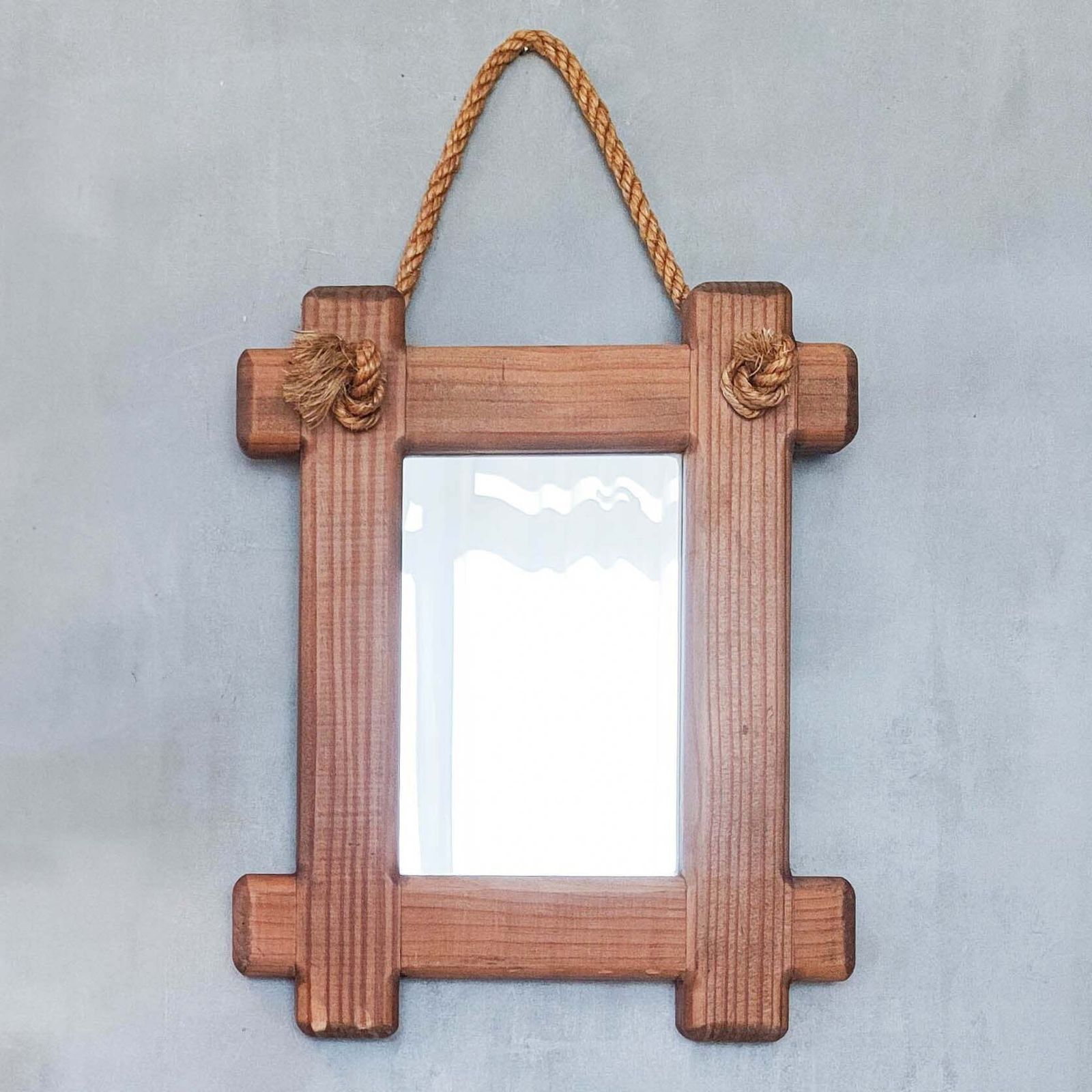 A Vintage Chunky Pine Cross Corner Oxford Frame Mirror With Knotted Rope