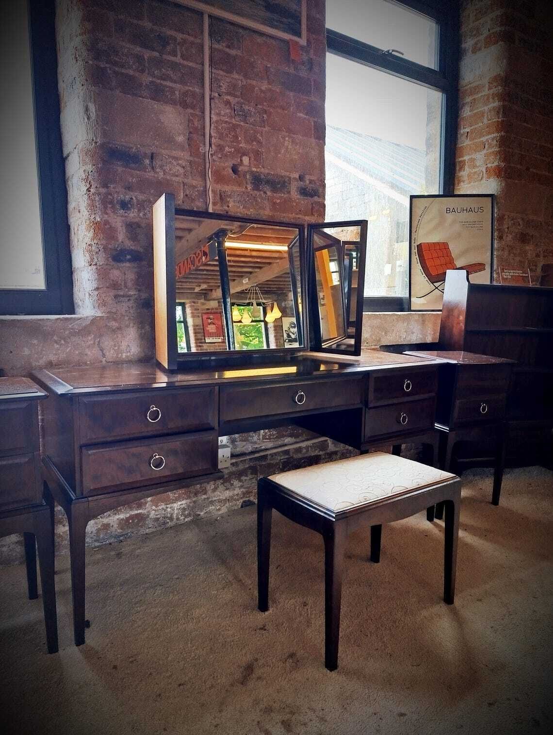 1960s Stag Minstrel Makoré Dressing Table With Triple Mirror And Stool photo for sale
