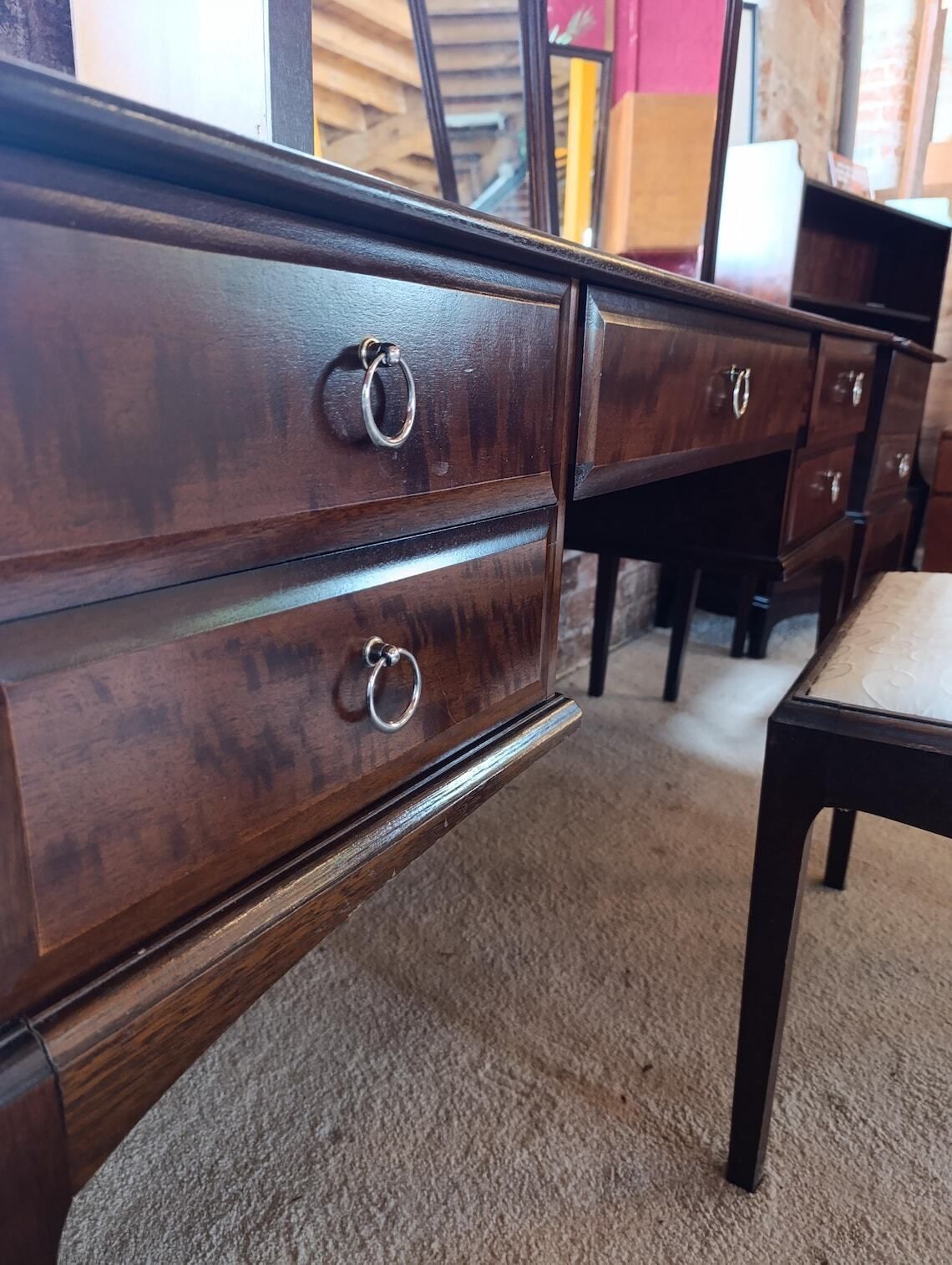 photo furniture 1960s Stag Minstrel Makoré Dressing Table With Triple Mirror And Stool