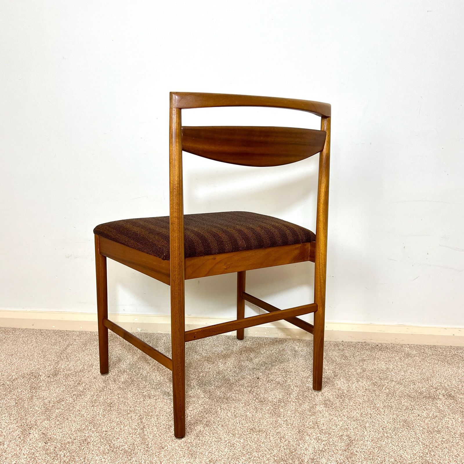 A Pair Of Mid Century McIntosh Teak Dining Chairs, Brown Boucle Upholstery photo Furniture