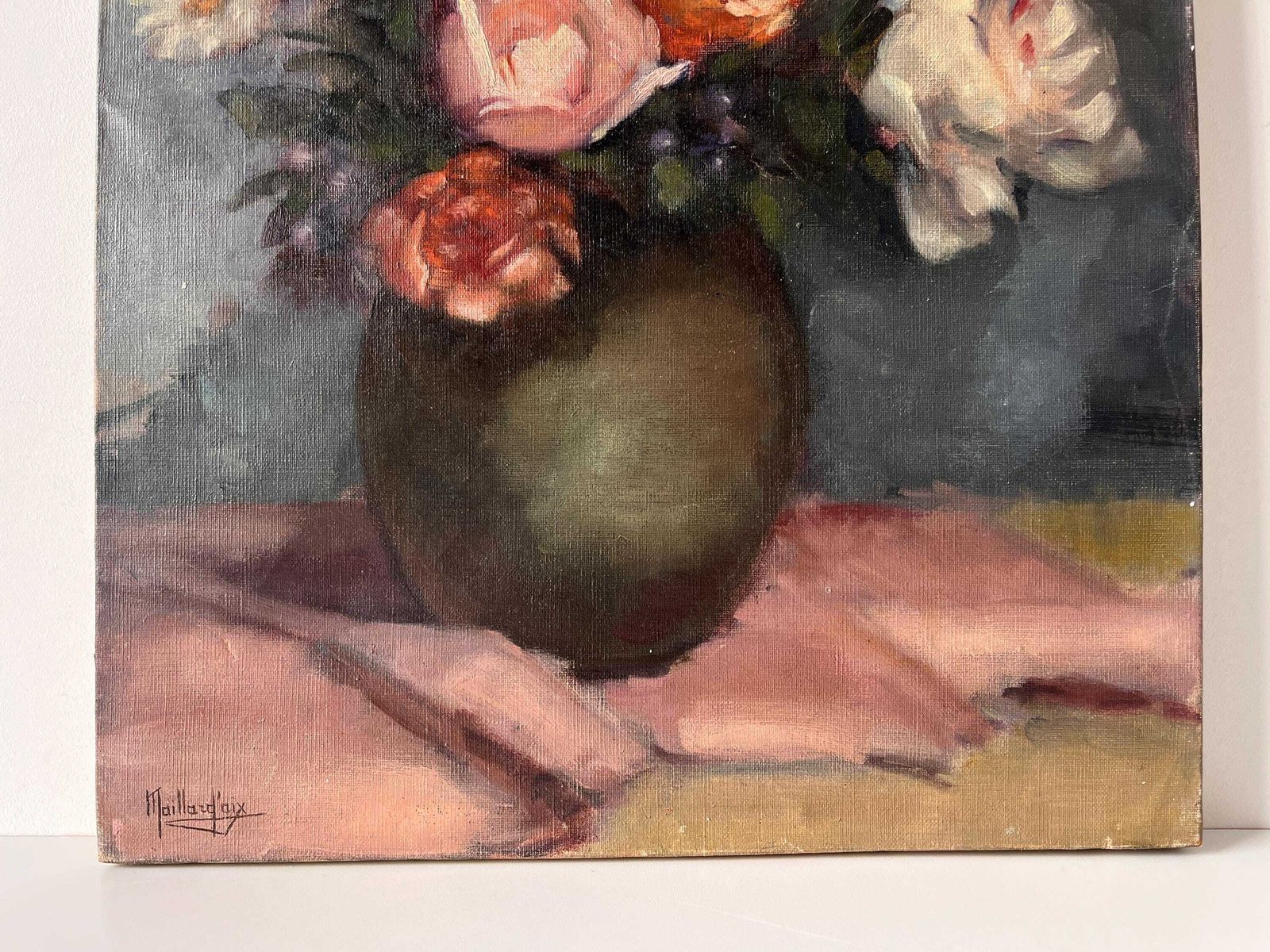 Stilleven met rozen, olieverf op doek, antiek bloemenschilderij, Frans stilleven, jaren 1930 photo 343.0