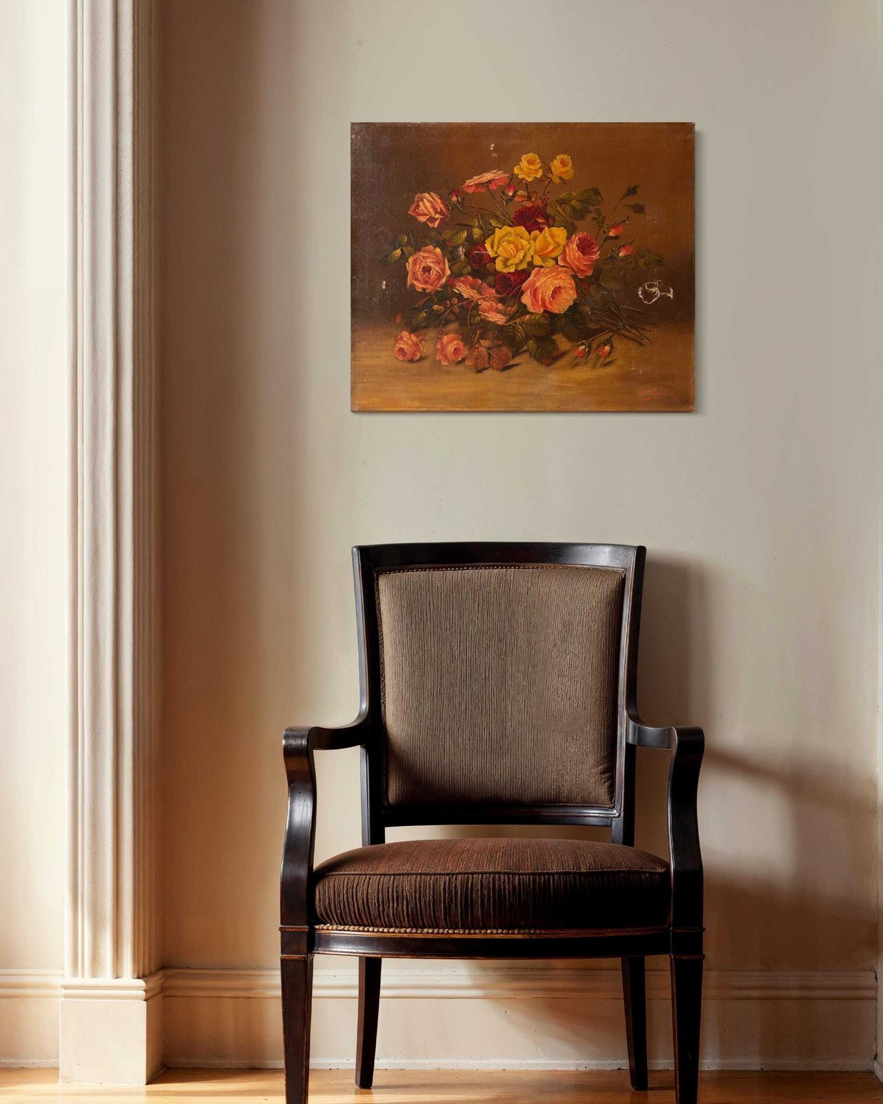 Nature morte aux roses, huile sur toile d'époque, peinture de fleurs, années 1900 photo furniture