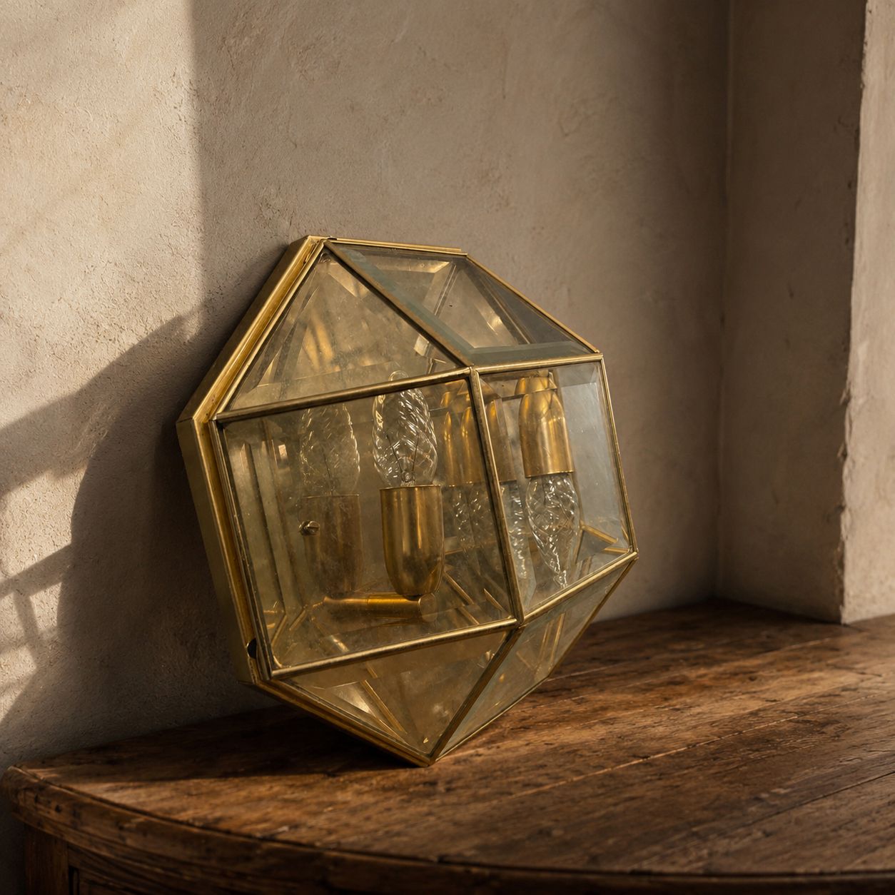Geometric Brass And Glass Wall Light, 1980s