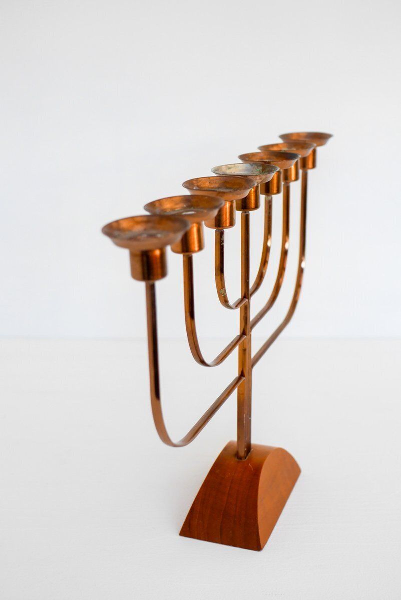 photo for sale Large Vintage Brass And Elm Candelabra, 1940s