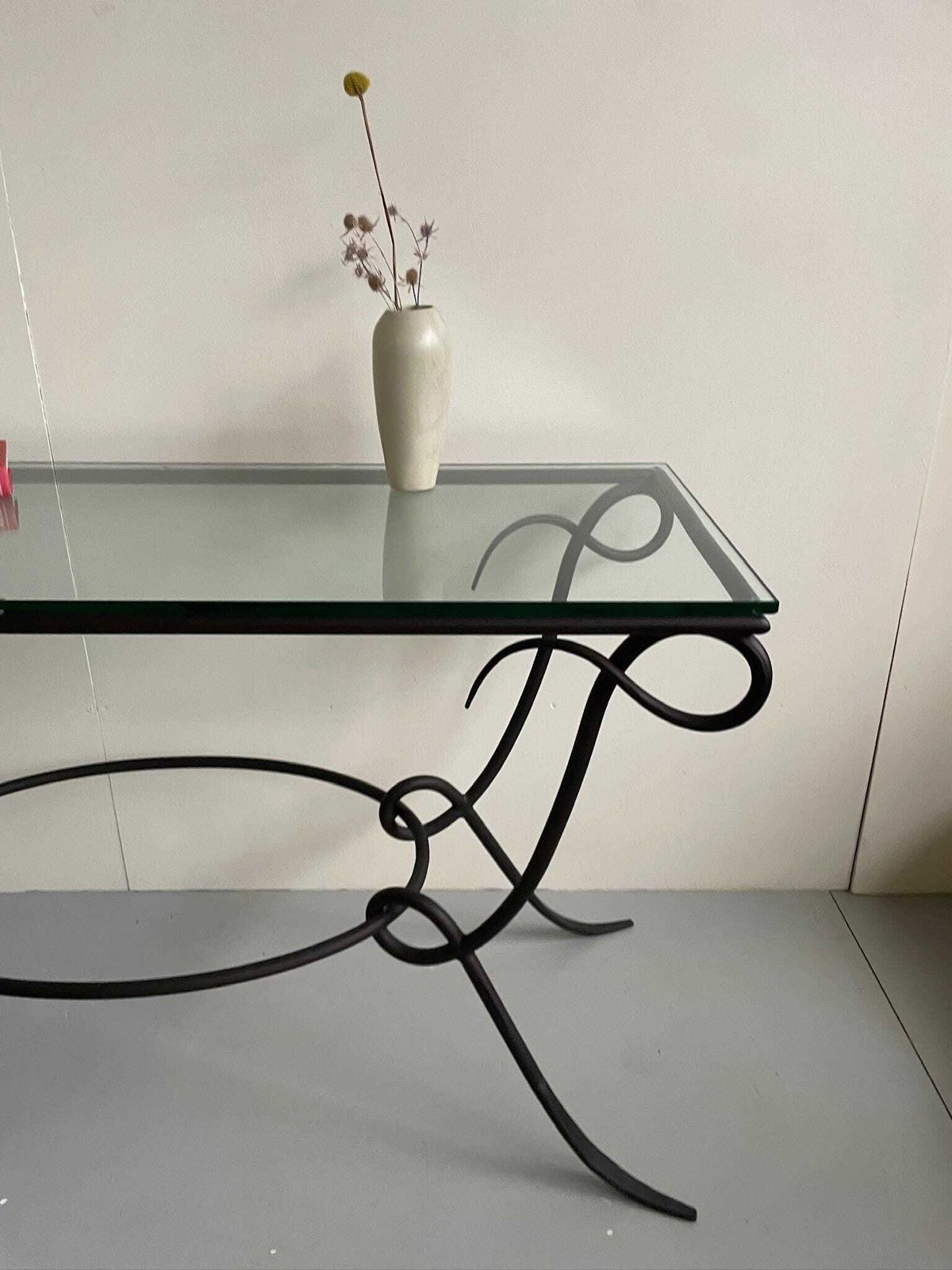 Stunning Large Wrought Iron Curly Console Table With Glass Top Postmodern photo for sale