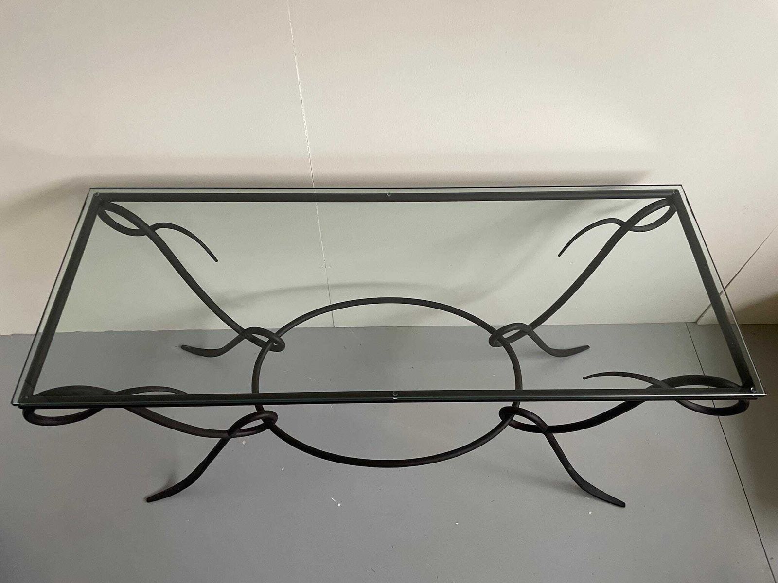 photo for sale Stunning Large Wrought Iron Curly Console Table With Glass Top Postmodern