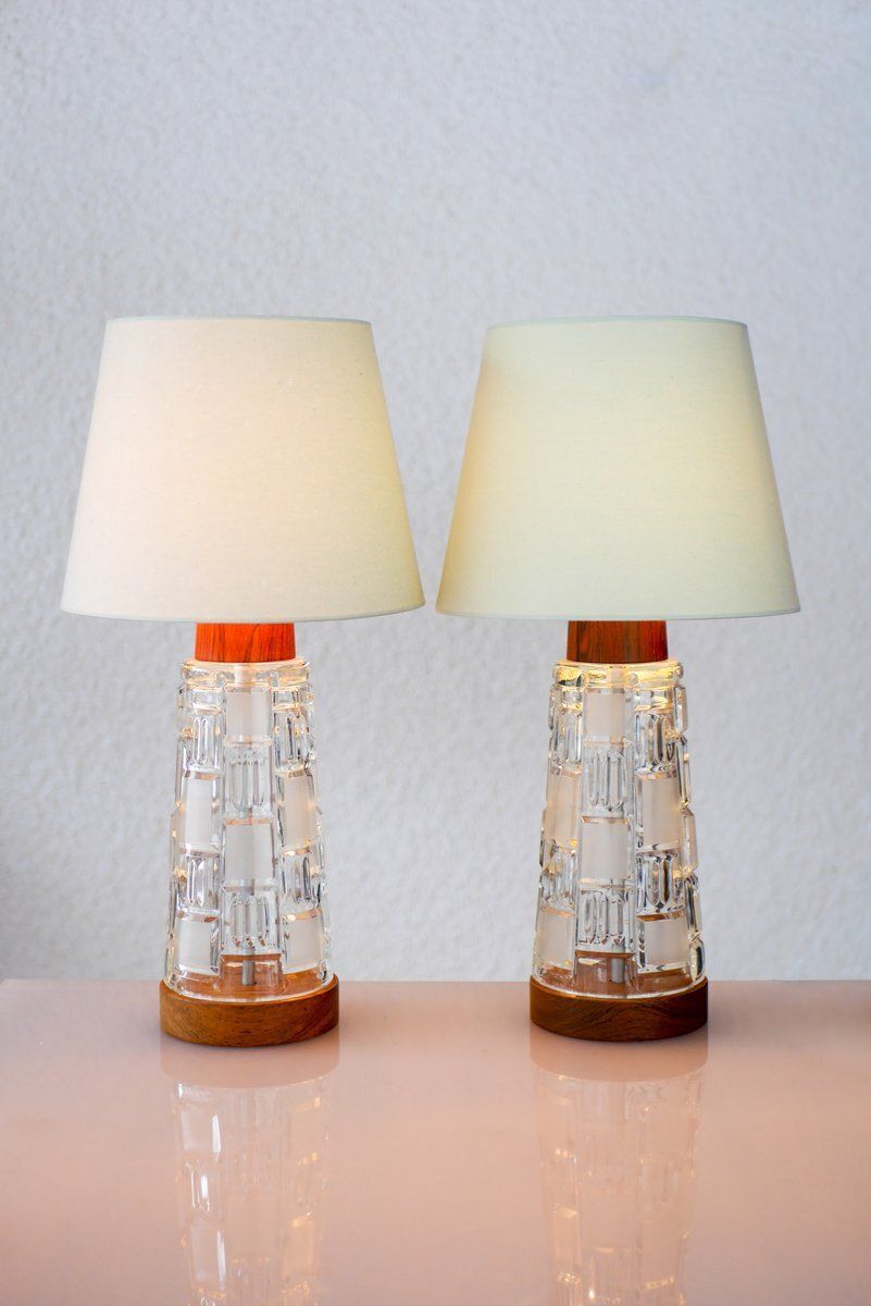 Mid Century Modern Scandinavian Teak And Glass Table Lamps, Set Of 2 photo vintage