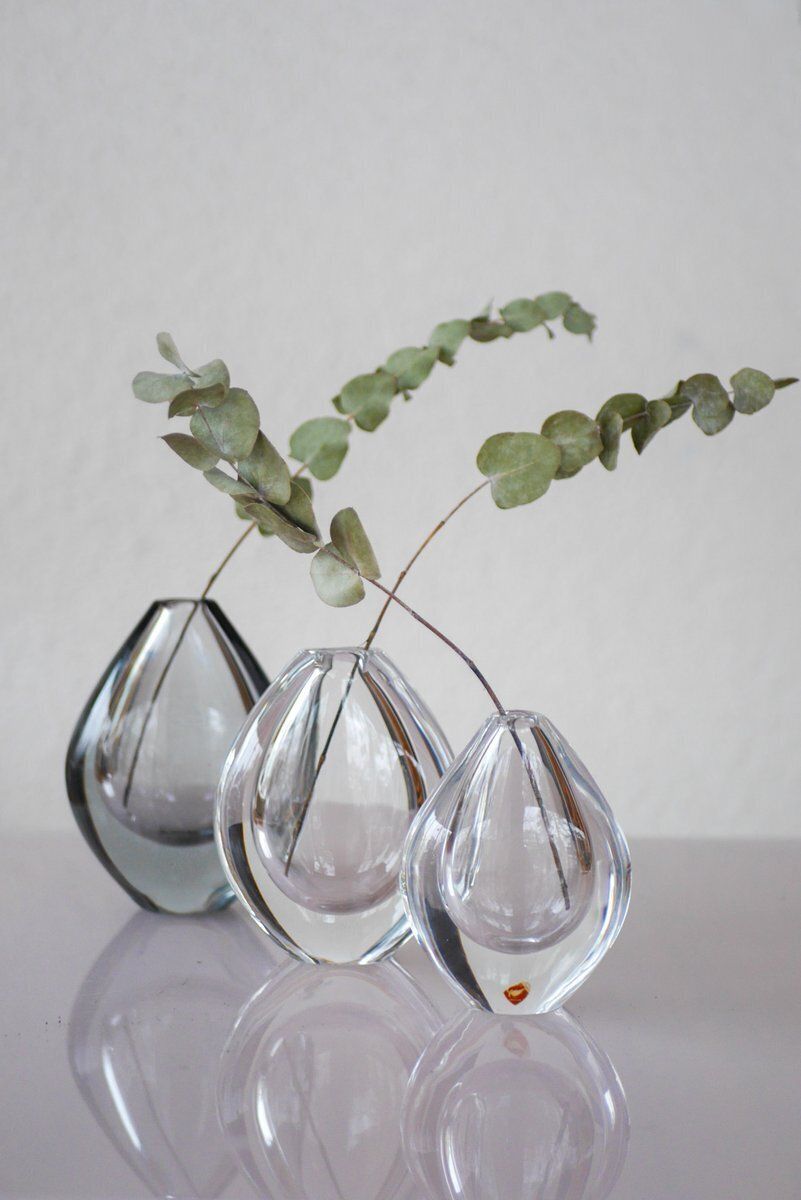 photo vinterior Vases en verre cristal Lucid Drop, Sven Palmqvist pour Orrefors, Suède, années 1950, lot de 3