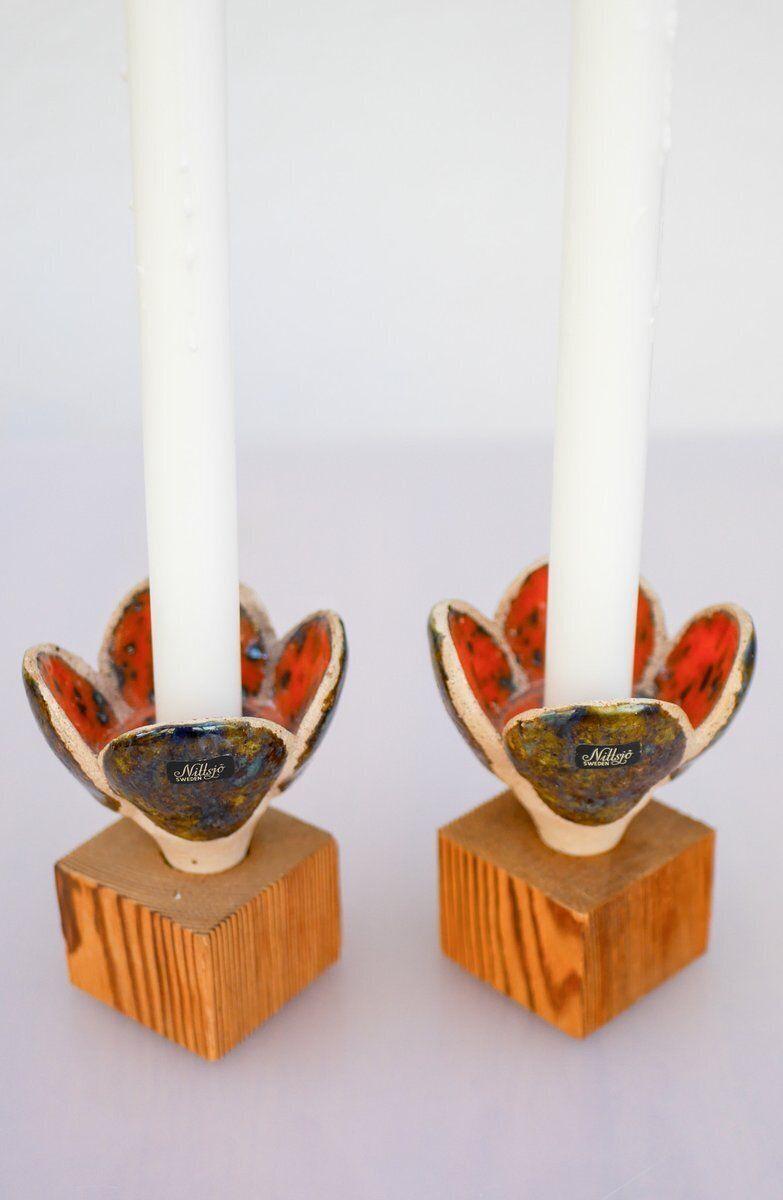Woonaccessoires Keramieke en houten kandelaars van Nittsjö, Zweden, ca. jaren 1970, set van 2 photo