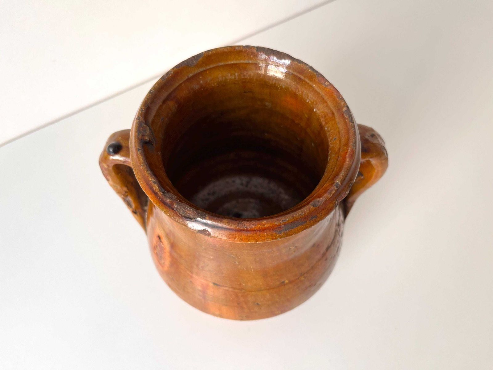 photo vinterior Antieke Franse terracotta confituurpot, 19e eeuw, geglazuurde voorraadpot, keukendecoratie