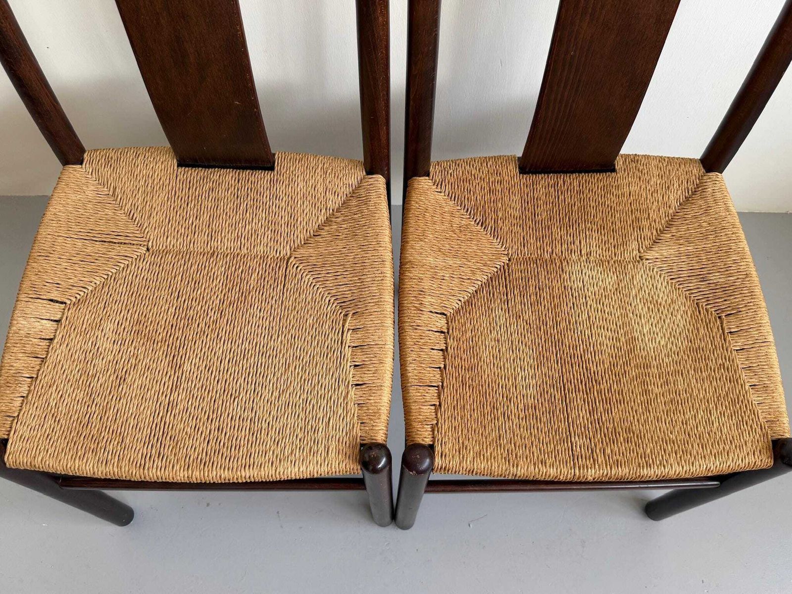 Pair Of Dark Brown Dining Chairs Rope Seat By Annig Sarian For Montina photo buy