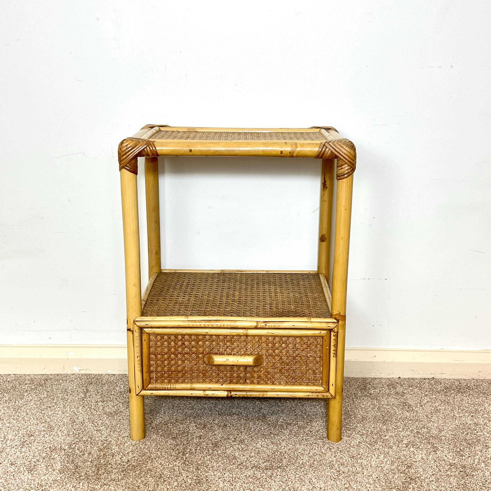 Rattan Bamboo Cane Bedside Table With Drawer, Boho Retro Tiki photo furniture