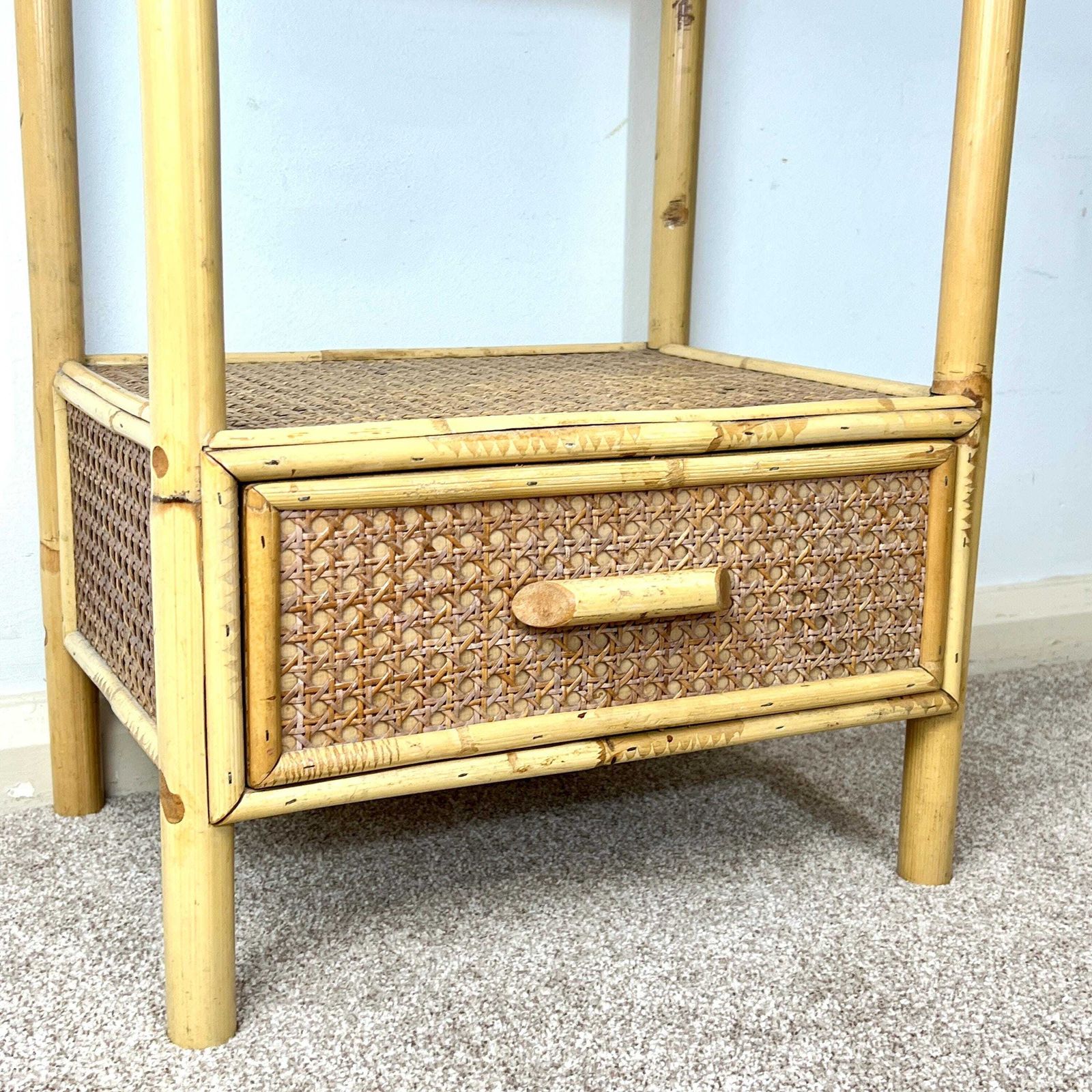 Rattan Bamboo Cane Bedside Table With Drawer, Boho Retro Tiki photo vinterior