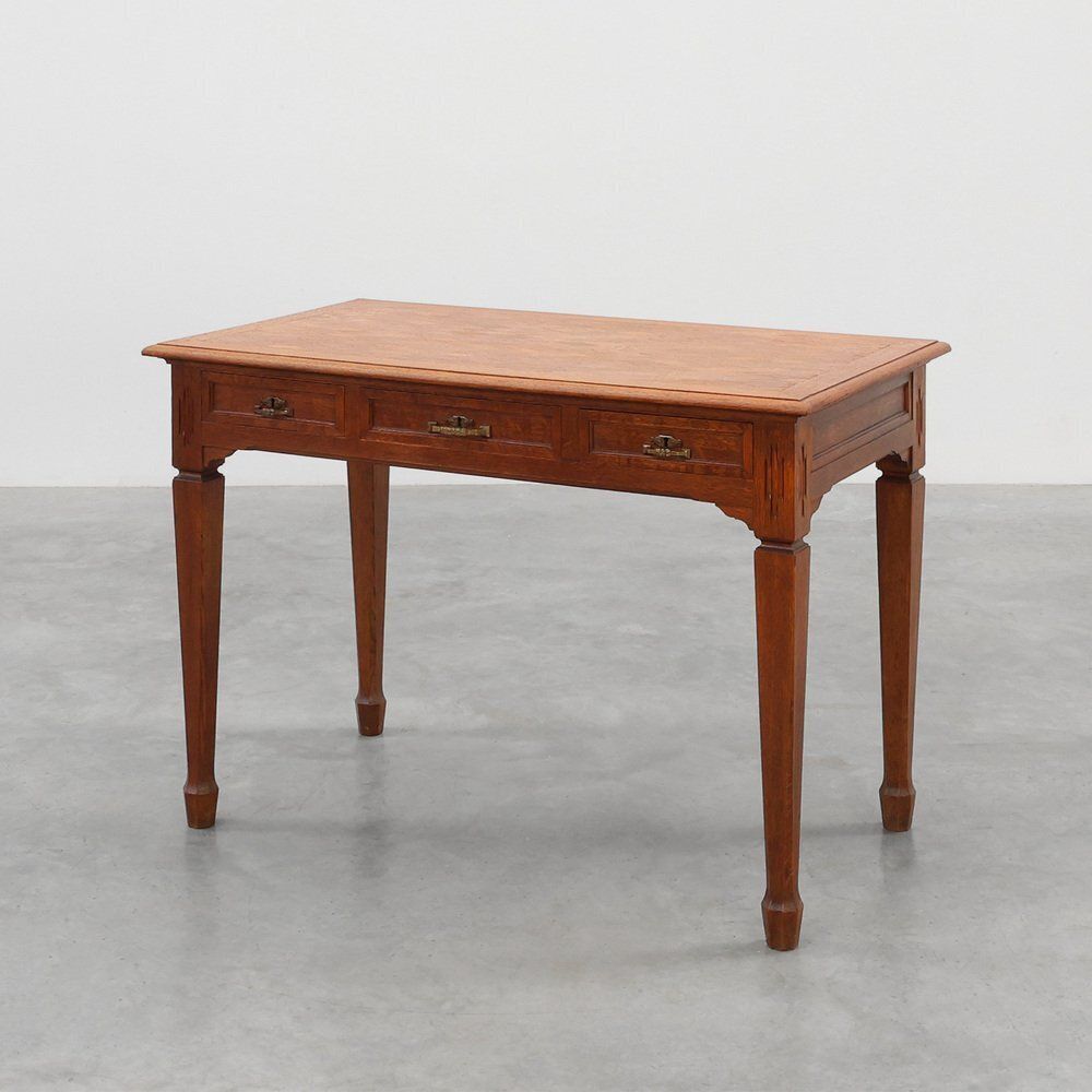 Art Deco Carved Oak Table With Copper Details, Belgium, 1920s