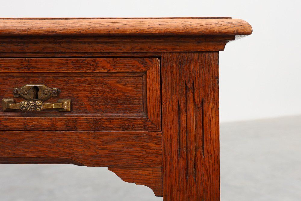 Furniture Art Deco Carved Oak Table With Copper Details, Belgium, 1920s photo