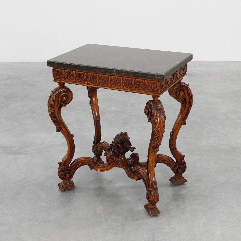 Napoleon III Style Carved Walnut Side Table With Ardune Top, France, 1900s