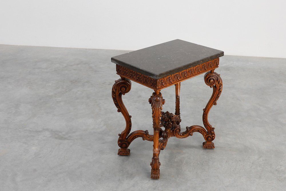 1930.0 Napoleon III Style Carved Walnut Side Table With Ardune Top, France, 1900s photo