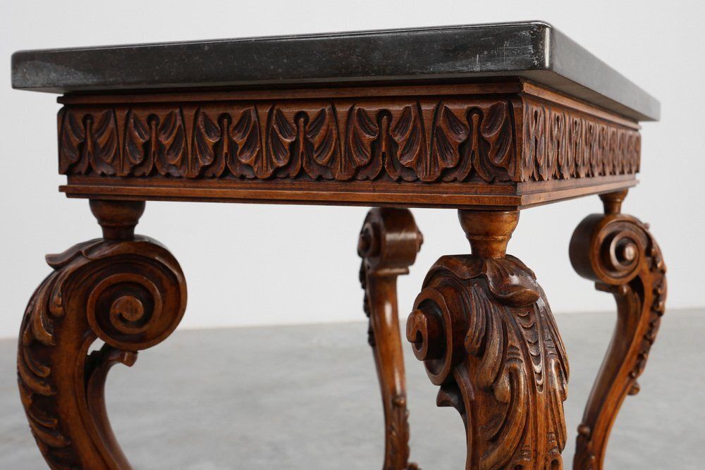 photo vintage Napoleon III Style Carved Walnut Side Table With Ardune Top, France, 1900s