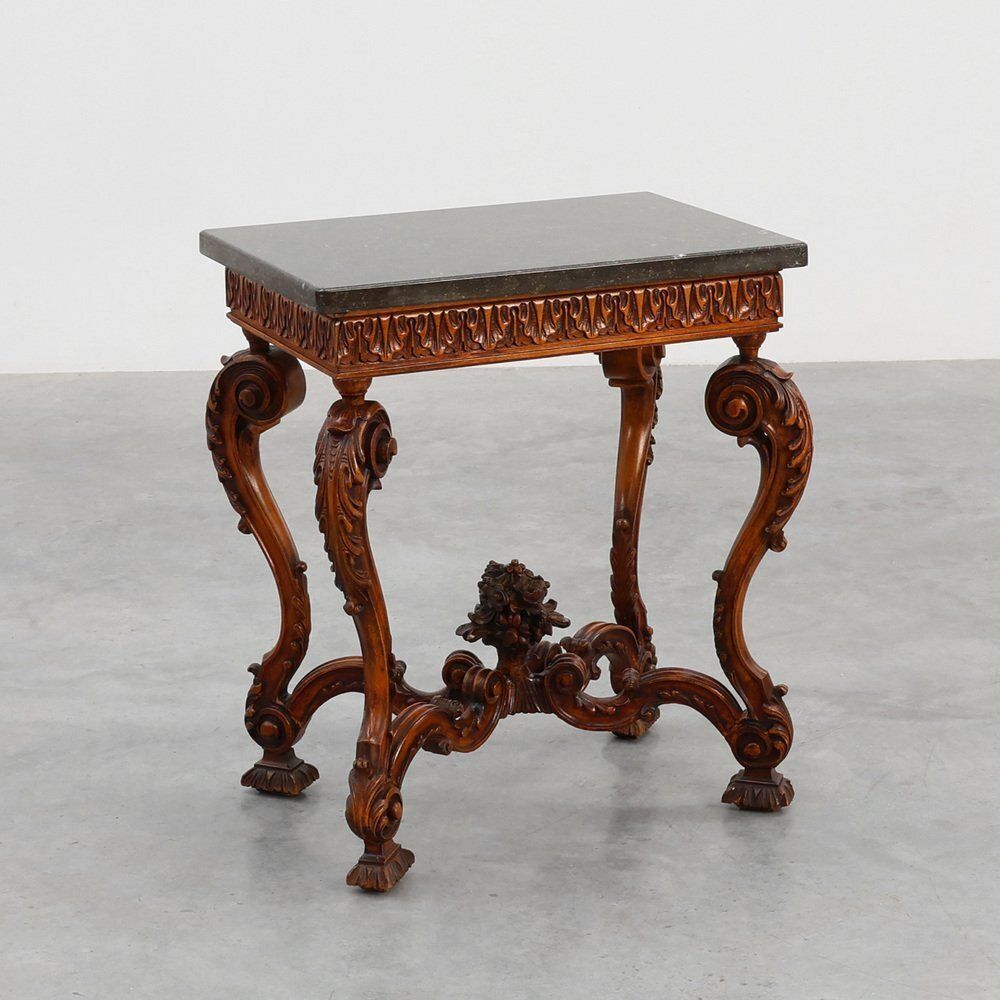 Napoleon III Style Carved Walnut Side Table With Bluestone Top, France, 1900s