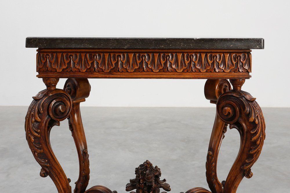 Napoleon III Style Carved Walnut Side Table With Bluestone Top, France, 1900s photo for sale