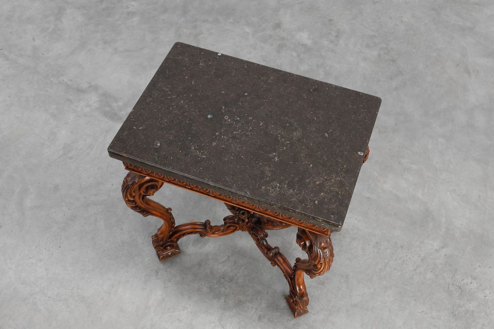 photo furniture Napoleon III Style Carved Walnut Side Tables With Bluestone Tops, 1890s, Set Of 2