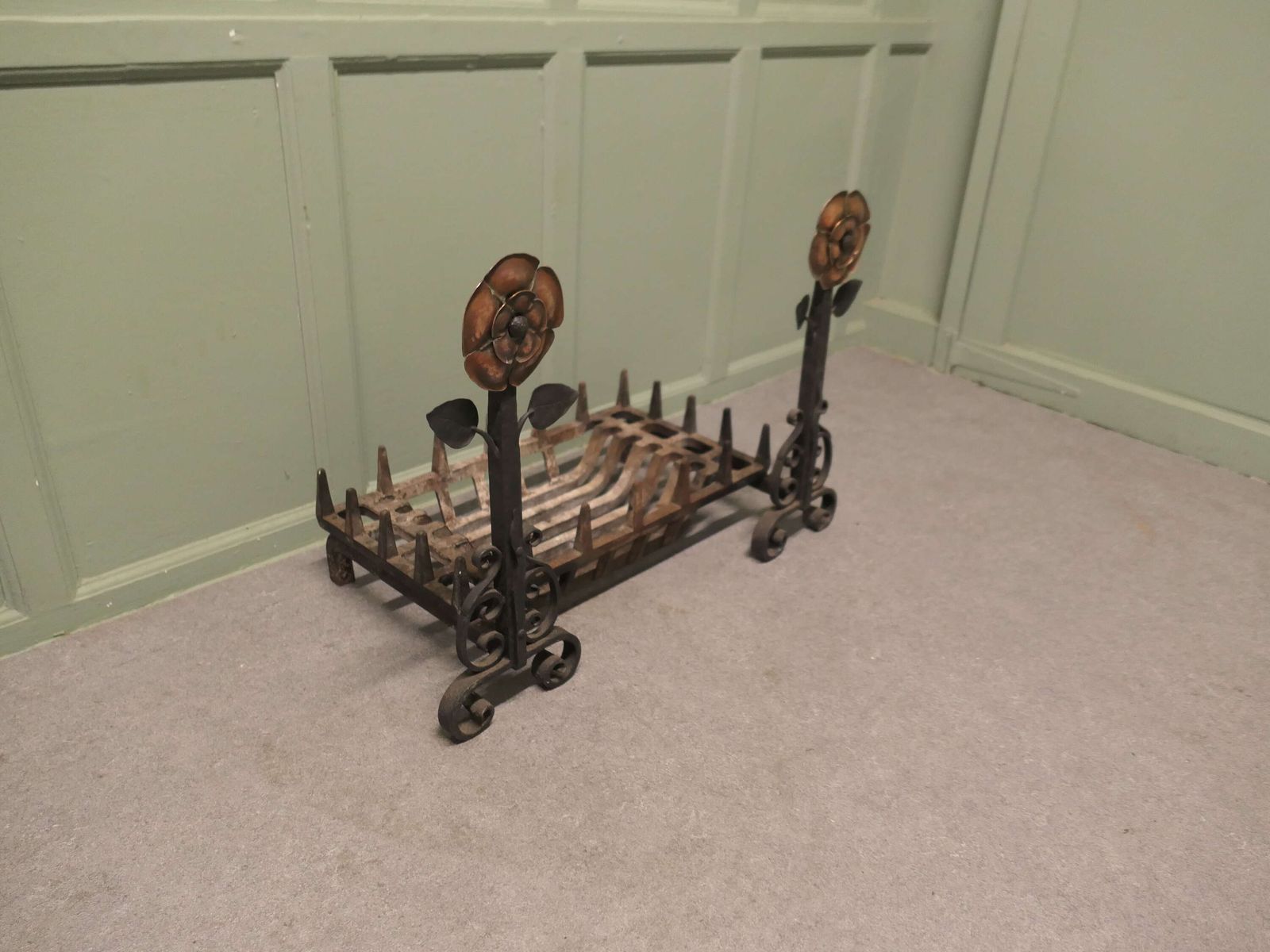 Iron Fire Grate Set On Arts And Crafts Tudor Rose Andirons This Is A Very Stylish Grate photo for sale