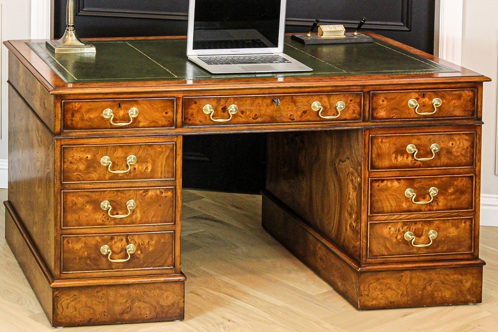 Antique Burr Walnut Pedestal Partners Leather Top Desk, Captains Chair & Cabinet photo 1900.0